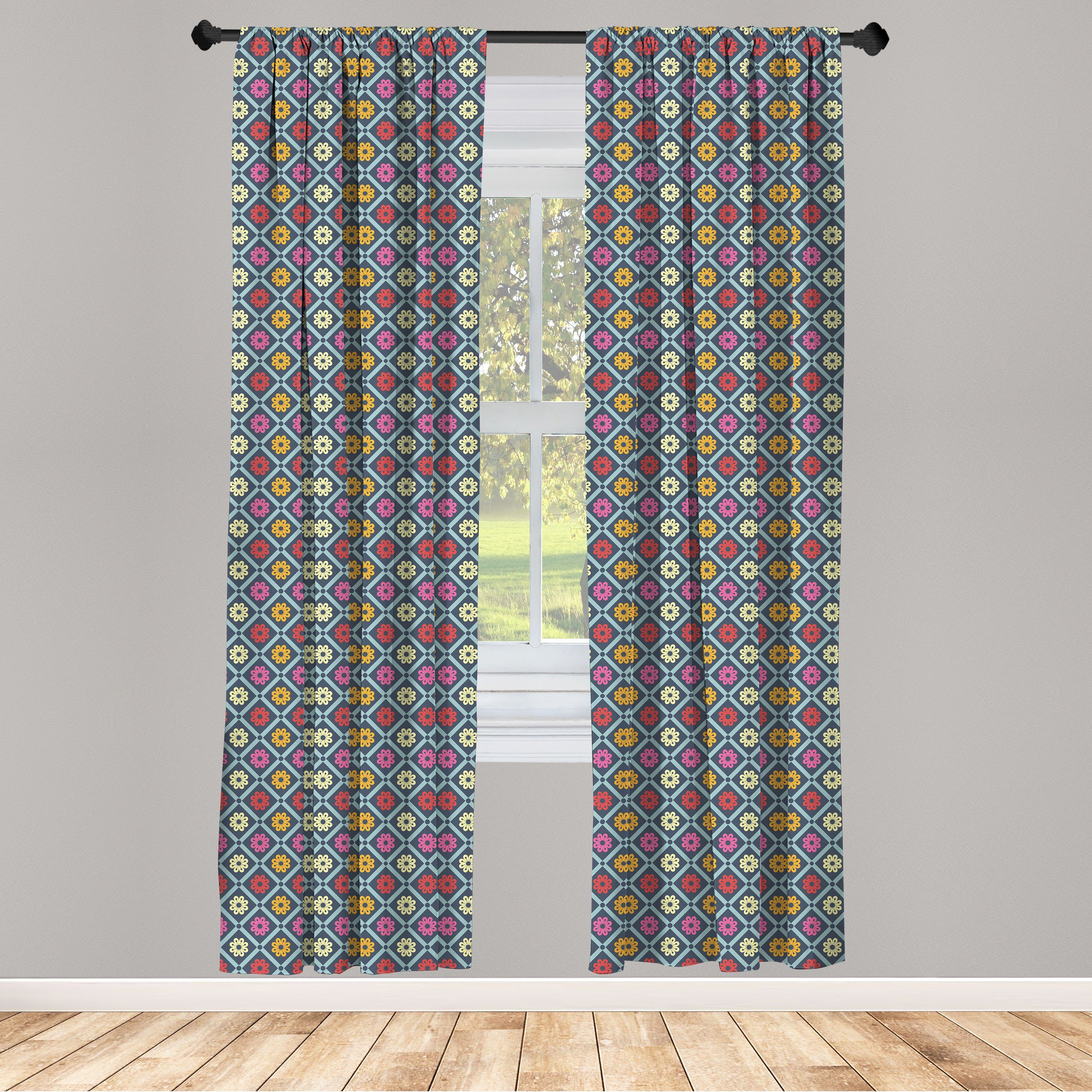 Gardine Vorhang für Wohnzimmer Schlafzimmer Dekor, Abakuhaus, Microfaser, Bunt Checkered Floral Retro | Fertiggardinen