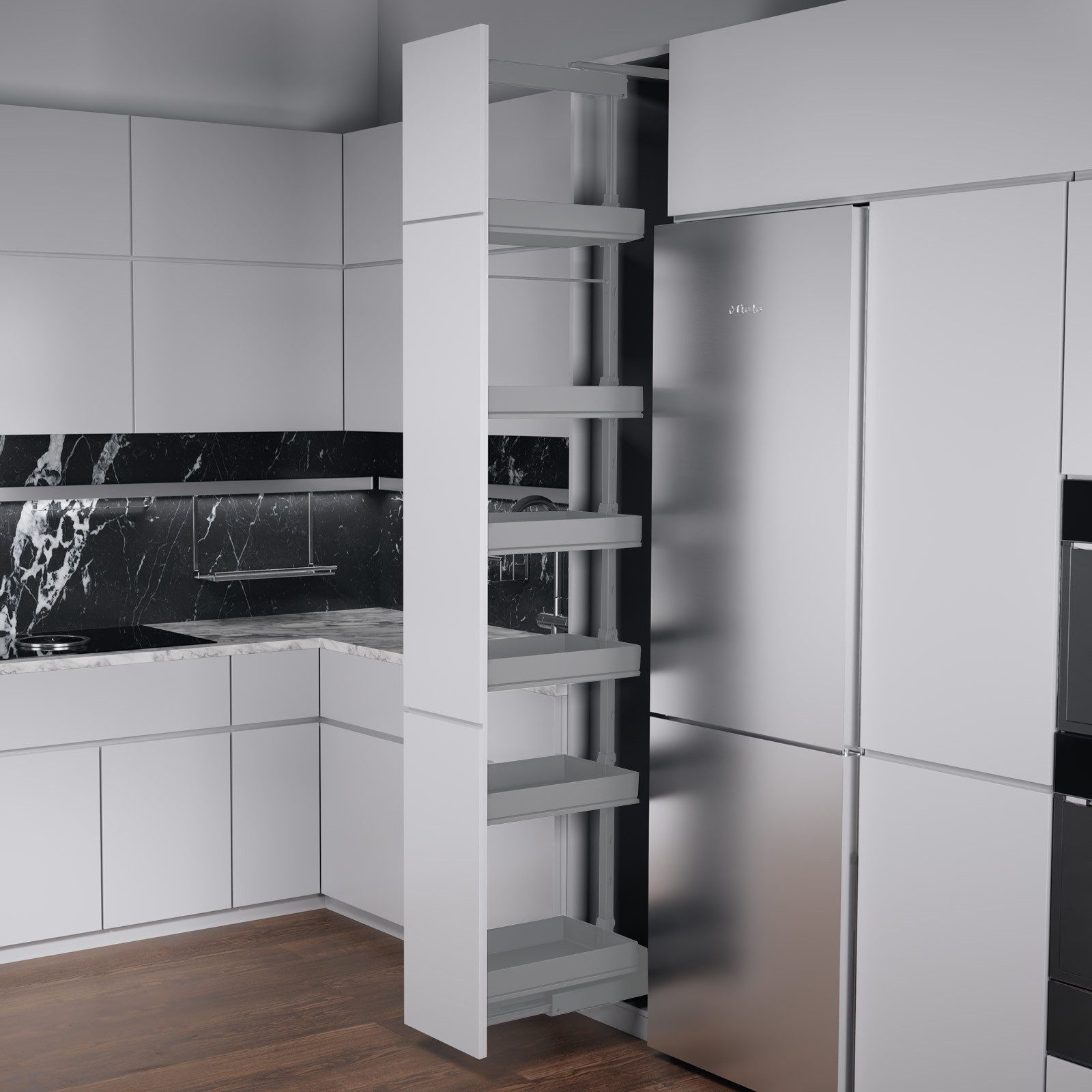 Kesseböhmer Möbelbeschlag Korbhalter DISPENSA-X für höhenverstellbare Tragrahmen (2 St), für eine Mindestauszugslänge von 270 mm, silbergrau