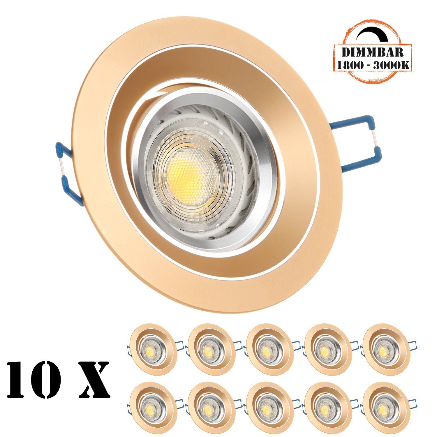 LEDANDO LED Einbaustrahler 10er LED Einbaustrahler Set GU10 in gold / messing mit 5,5W LED von LE