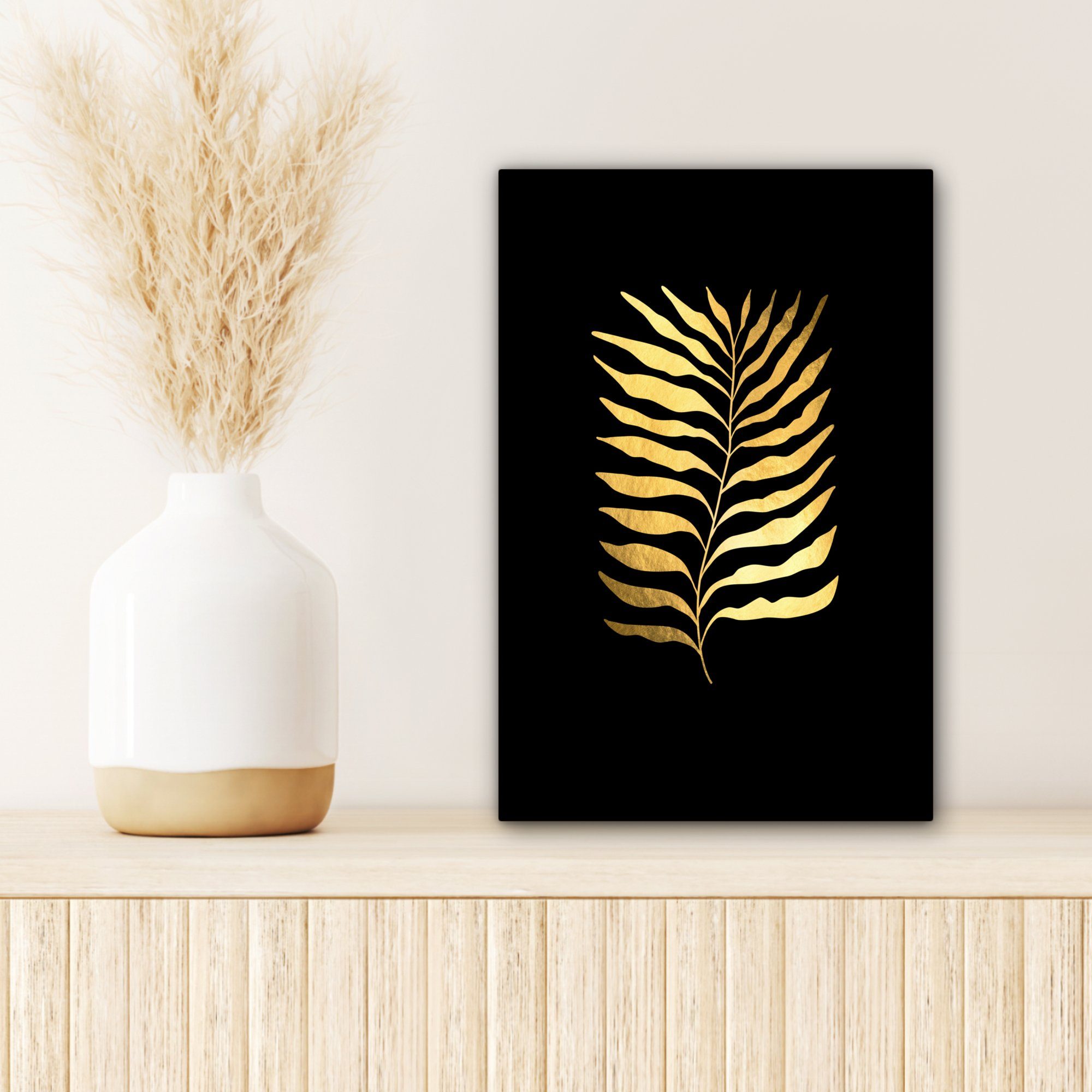 OneMillionCanvasses® Leinwandbild Blätter - Gold 20x30 Design, Zackenaufhänger, Leinwandbild cm St), bespannt (1 Natur - - Luxus - fertig Gemälde, inkl