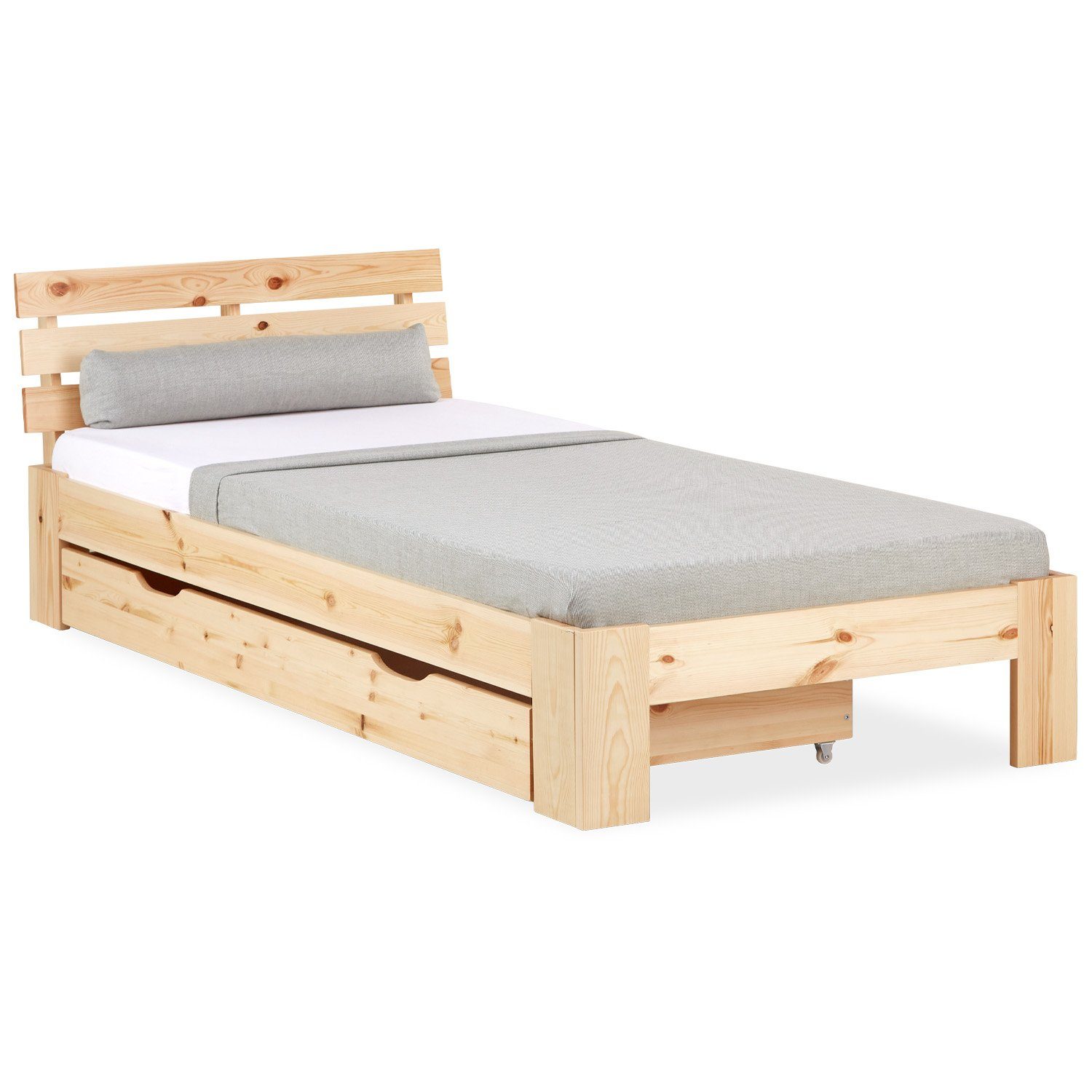 Homestyle4u Holzbett Einzelbett 90x200 mit Bettkasten Lattenrost Natur