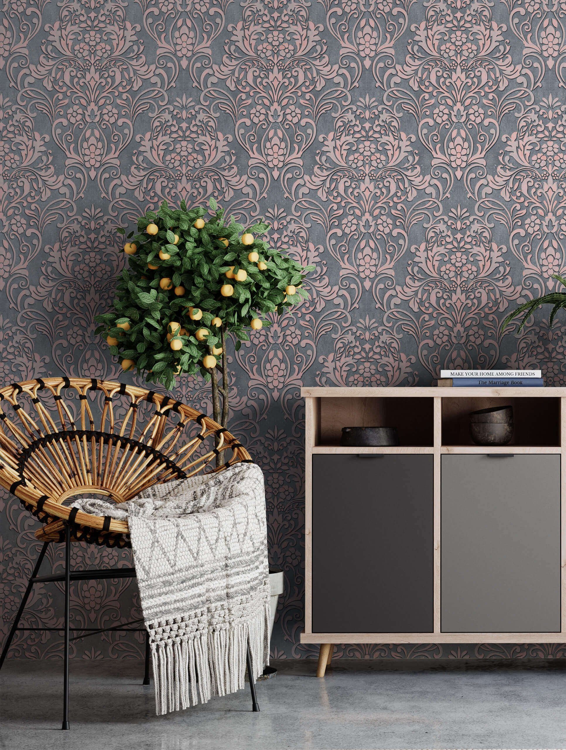 Newroom Vliestapete Hyo Tapete Barocktapete Glänzend,Ornamente,Prunk, Grau Tapete Barock Glänzend - Barocktapete Glanztapete Rosegold Glamour Modern Ornamente Prunk für Wohnzimmer Schlafzimmer Küche, Glanztapete
