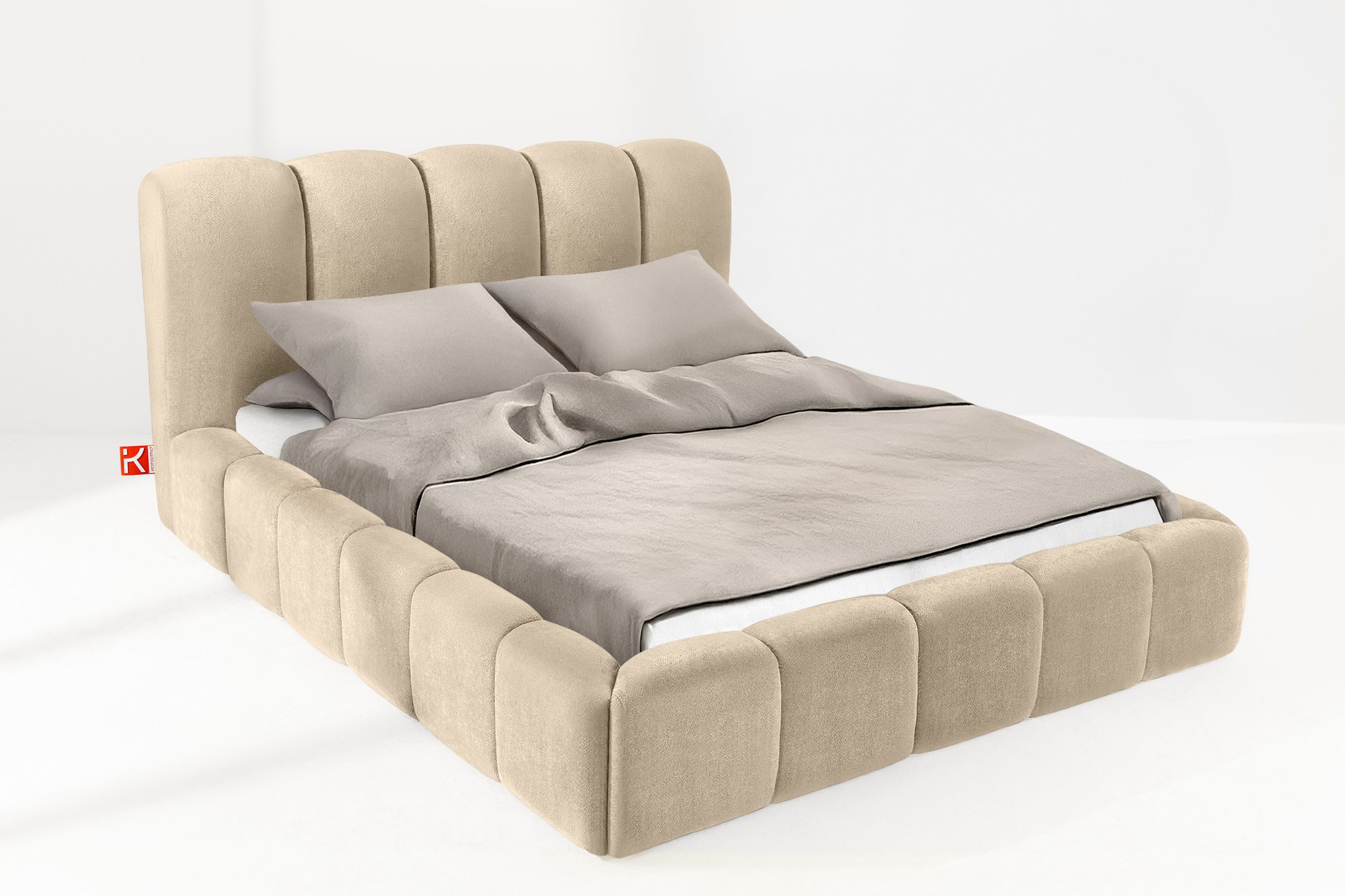 KONSIMO® Polsterbett Doppelbett MERIDE mit Stauraum, ohne Matratze, hergestellt in der EU (160/180/200 cm x 200 cm), Massivholzrahmen, Chenillegewebe, gepolstertes Kopfteil, Japandi