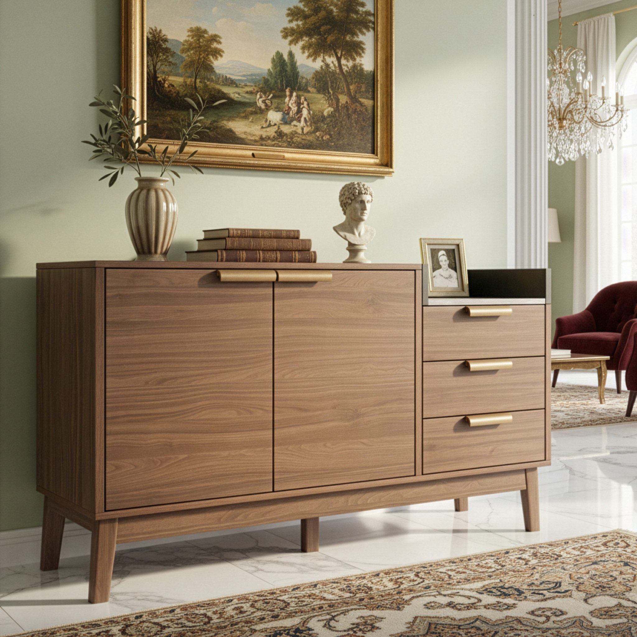 TavilaEcon Sideboard Wohnzimmer-Kommode mit hochwertiger Eichenfarbe und Marmoroptik (1 St), mit ofener Oberseite und flexiblen Schubladen
