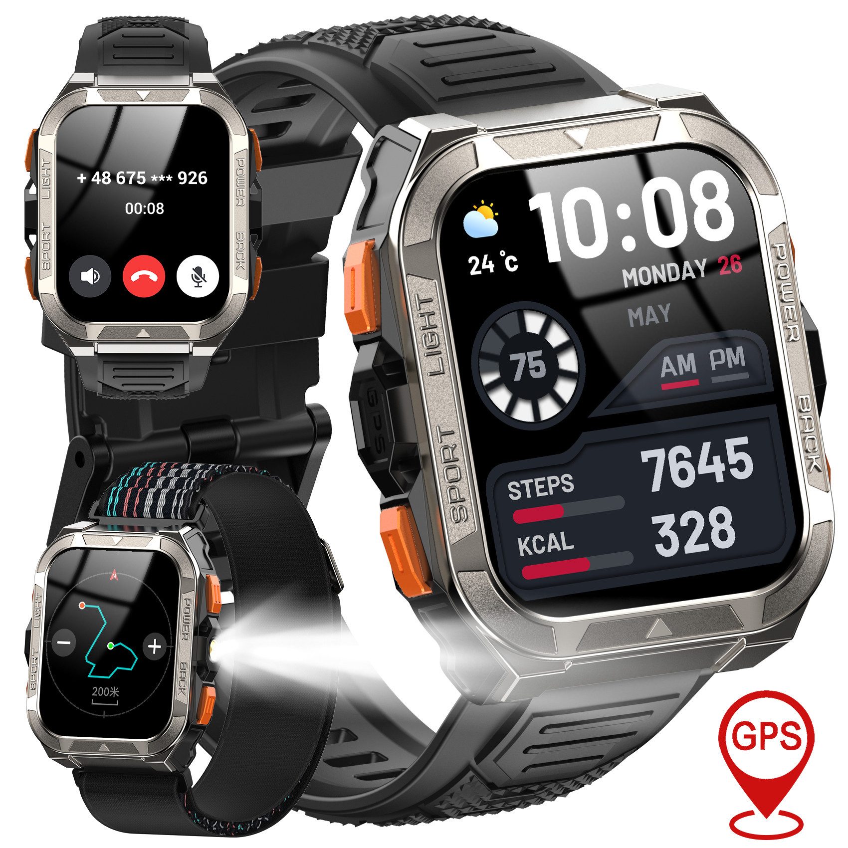 blackview Outdoor Smartwatch Herren 2026 mit GPS & Kompass, 15 Tage Akku, Anrufe Smartwatch (1.91 Zoll, iOS/Android), 2×Riemen (Silikonband + gewebtes Band) 1×magnetisches Ladekabel, 1,91" Display, 900 mAh,SpO2,Blutdruck, Übersetzung, Schrittzähler,IP68
