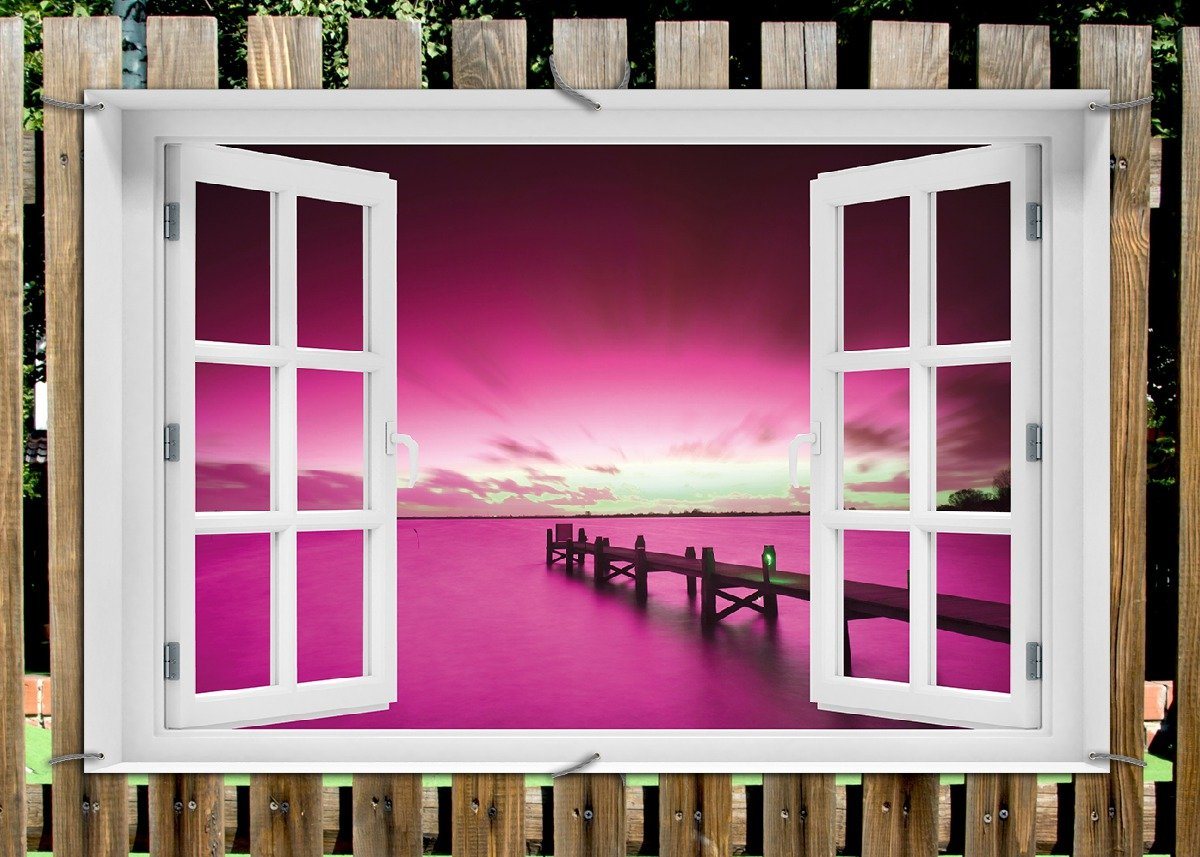 Thumbnail - Wallario Sichtschutzzaunmatten Steg bei Abenddämmerung -Himmel bei Nacht Lila gefärbt, mit Fenster-Illusion