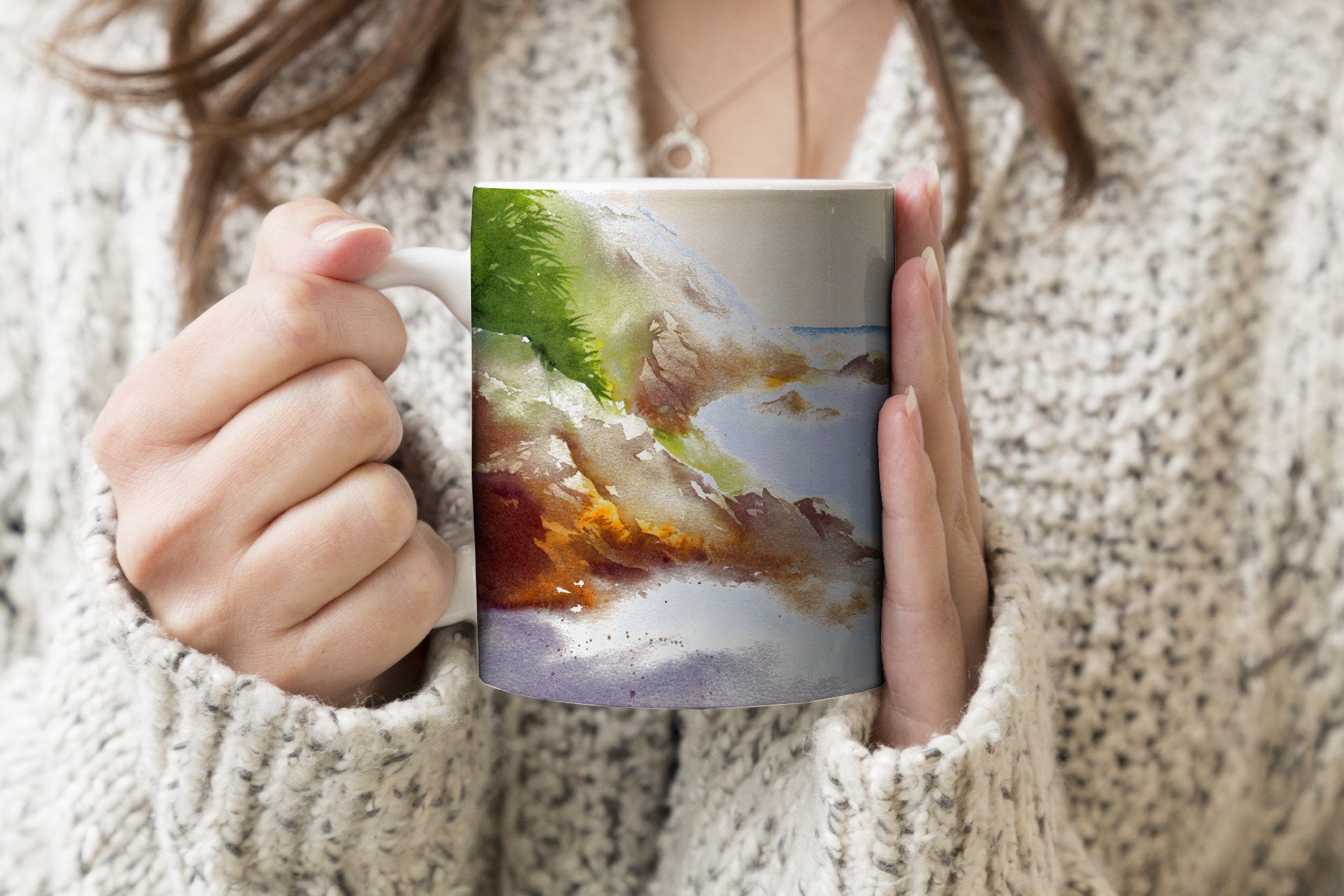 - MuchoWow Meer Berg - Geschenk Kaffeetassen, Keramik, Becher, Teetasse, Tasse Teetasse, Aquarell,