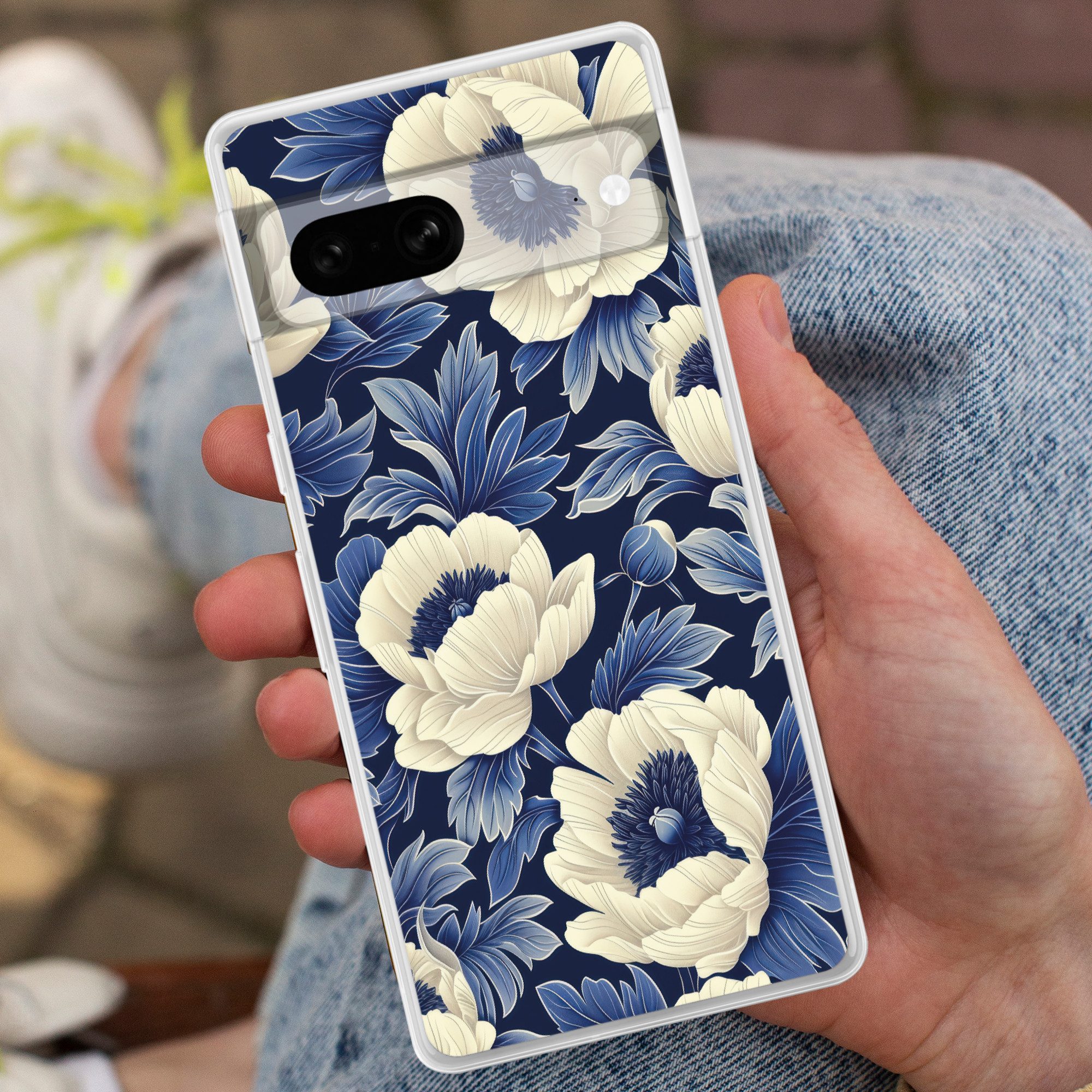 MuchoWow Handyhülle für Google Pixel 7 Blumen - Muster - Blau - Weiß, Phone Case, Silikon, Schutzhülle Dünn