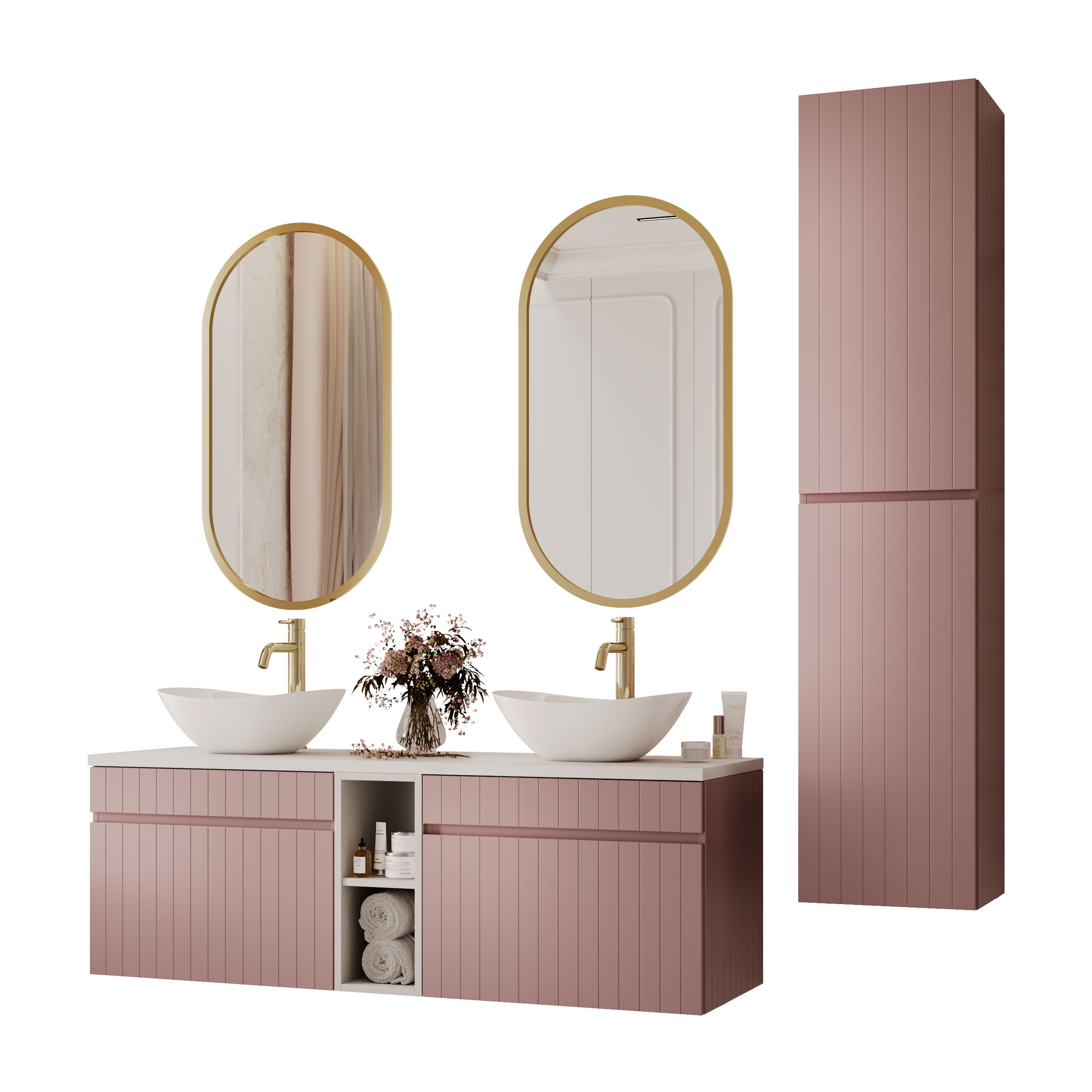 Lookway Badmöbel-Set FLORIS II Badezimmer-Set mit Muschel-Waschbecken und Hochschrank