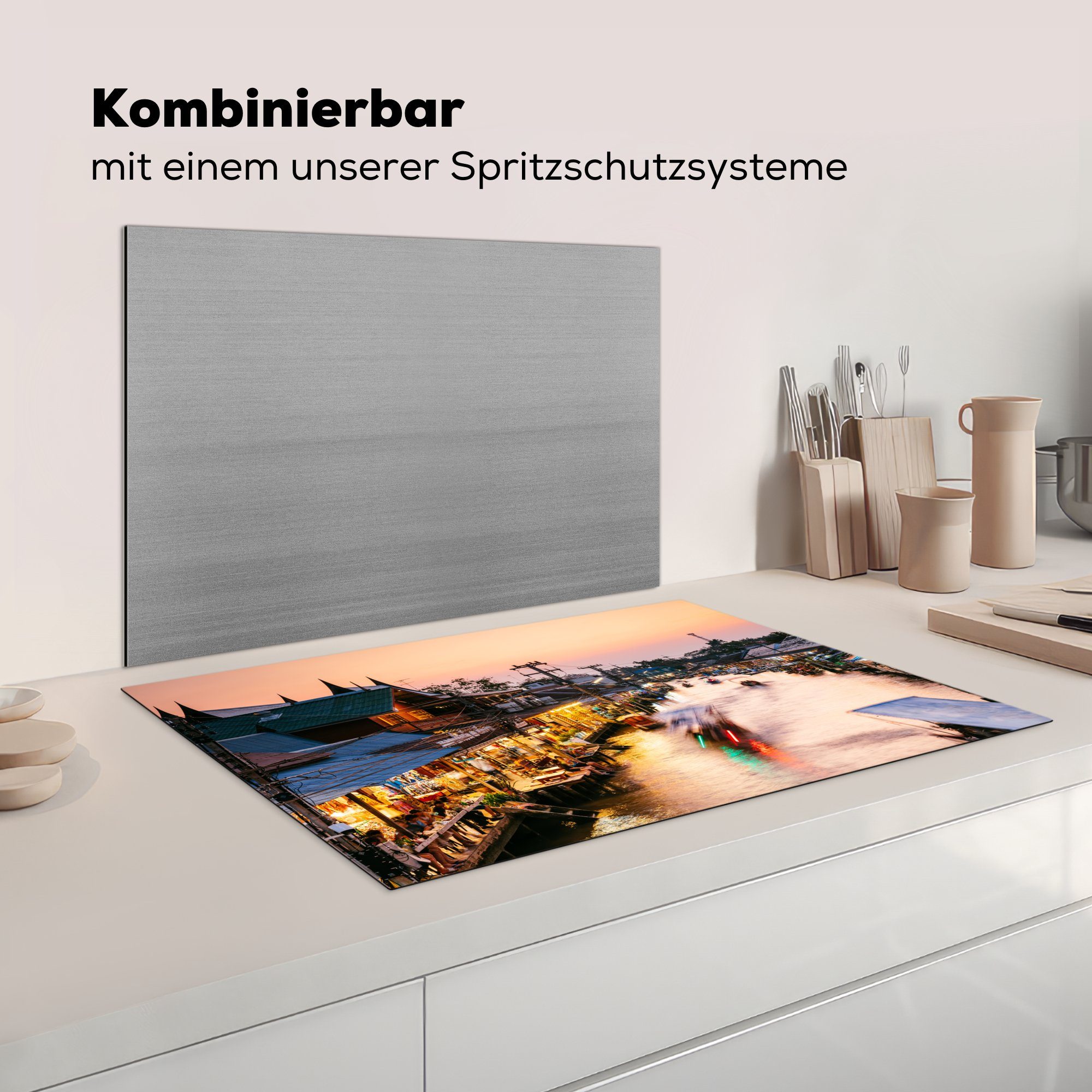 küche, Sonnenaufgang (1 Herdblende-/Abdeckplatte Vinyl, cm, die in dem für auf 81x52 tlg), Schutz Ceranfeldabdeckung Thailand, Induktionskochfeld schwimmenden MuchoWow Markt