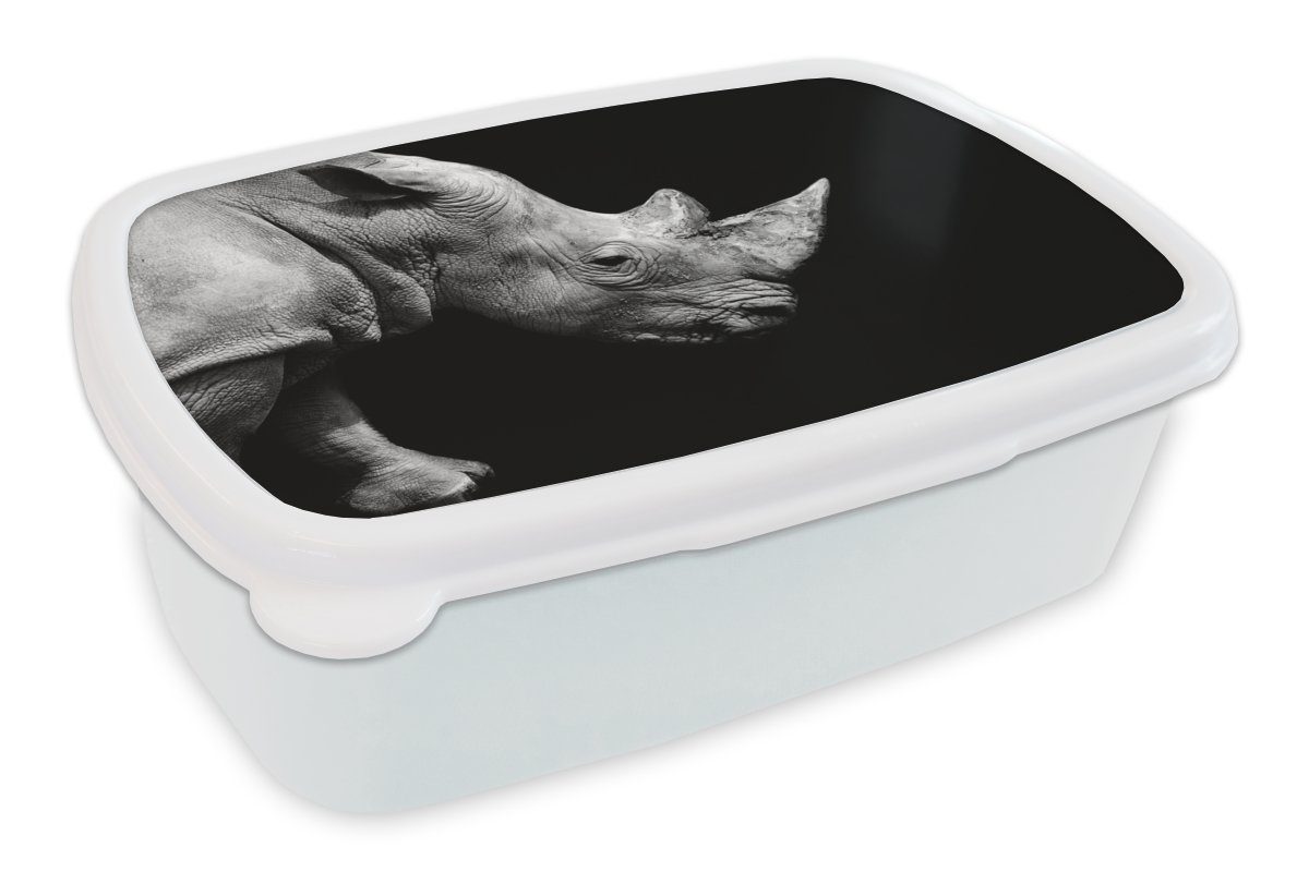 MuchoWow Lunchbox Portrait Nashorn auf schwarzem Hintergrund, Kunststoff, (2-tlg), Brotbox für Kinder und Erwachsene, Brotdose, für Jungs und Mädchen weiß