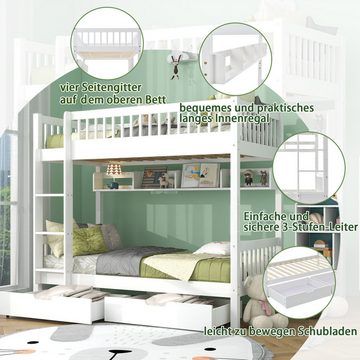 REDOM Etagenbett Kinderbett, mit 3-tufige rechtwinklige Leiter (mit Fallschutzgitter, Regale und MDF-Schubladen, Kiefernholzrahmen, 90x200cm), ohne Matratze