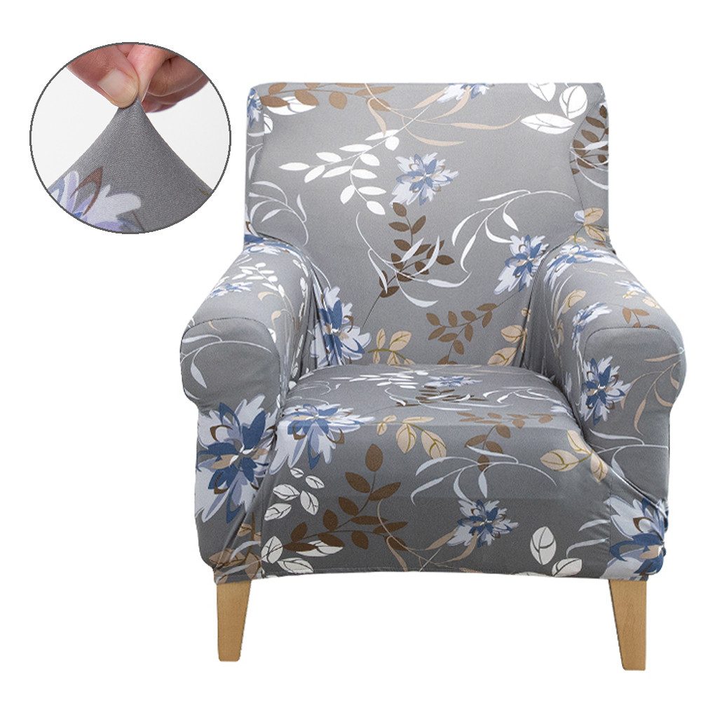 Rosnek Sofahusse Sofabezug 1 Sitzer Sesselhusse Sofaüberzug Elastisch Universal, Rutschfest Gummiband Spandex Blume-Blatt-Muster Grau