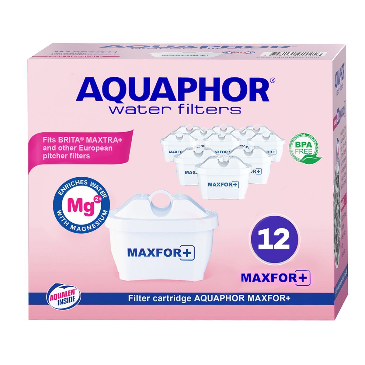 AQUAPHOR Kalk- und Wasserfilter MAXFOR+ Magnesium, Pack 12 - gegen Kalk, Chlor & weitere Stoffe, Zubehör für den AQUAPHOR Modellen ONYX, Amethyst, Jasper und mit weiteren Tischwasserfiltern anderer Hersteller, AQUALEN Technologie. Bis zum 200 L. Kapazität., BPA frei