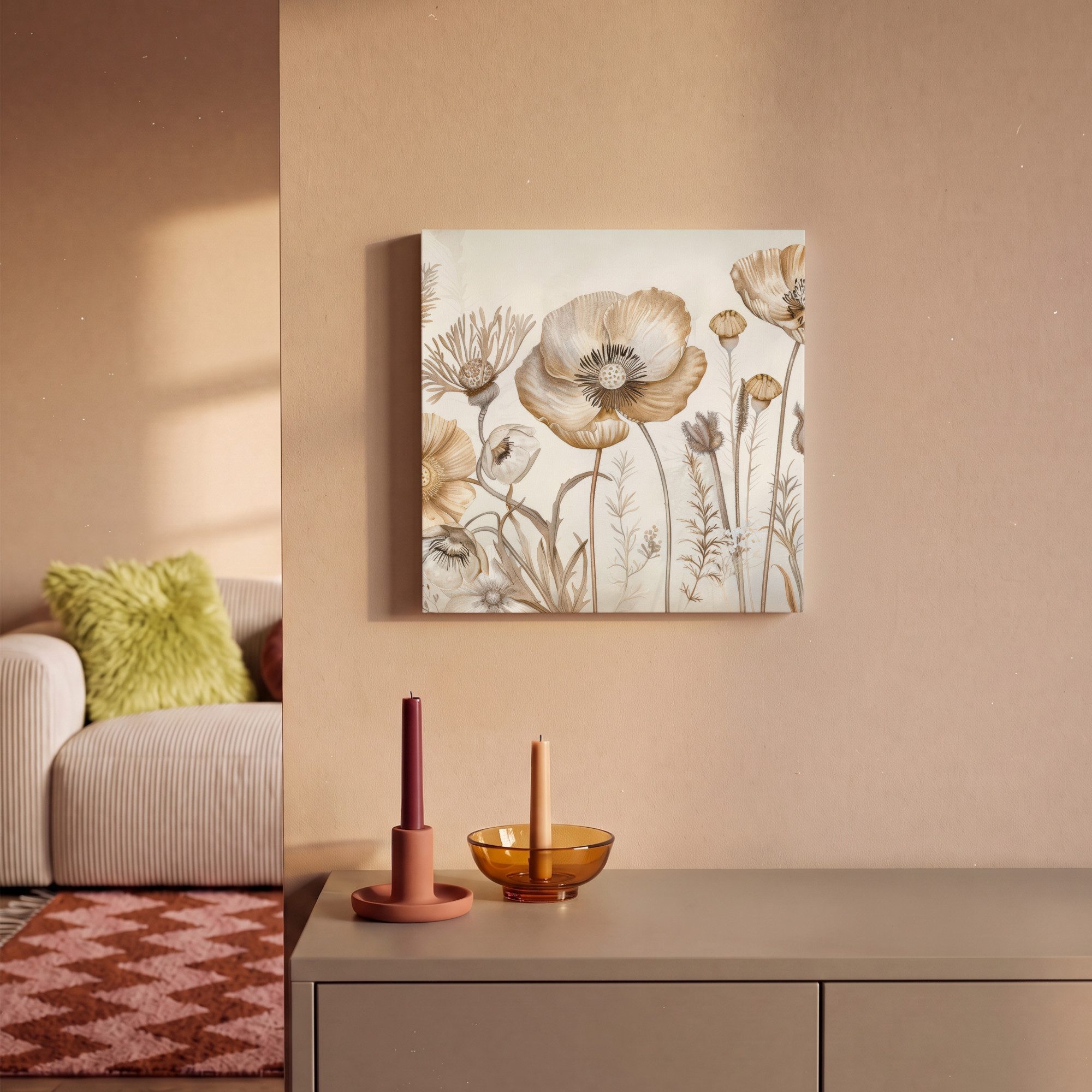 OneMillionCanvasses® Leinwandbild Blumen - Beige - Natur - Illustration, Fotodruck (1 St), Leinwand Bilder Klein, Wand Dekoration Aesthetic 30x20 cm – Bild 2 von 5