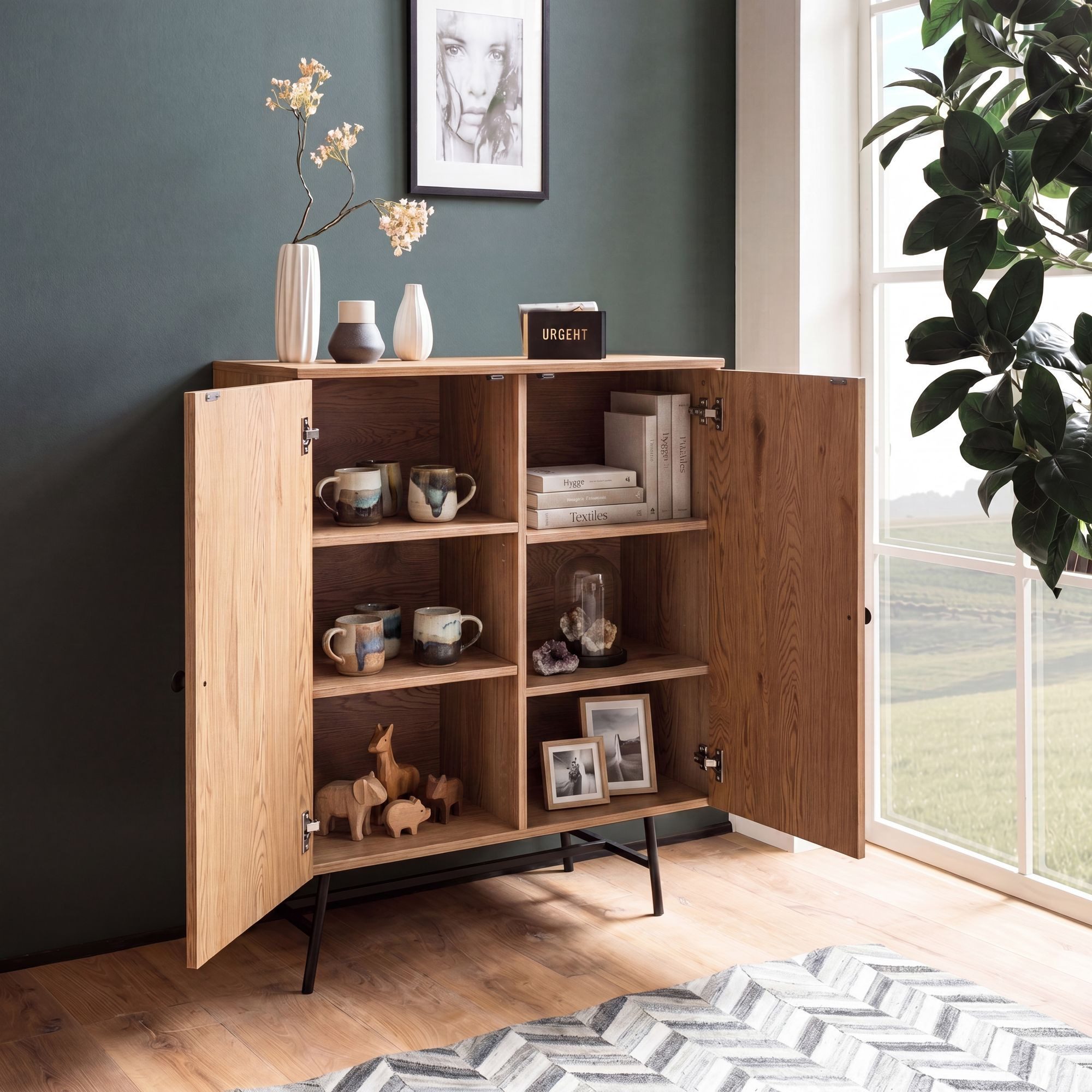 FINEBUY Sideboard FB104655 Kommode in Eiche Dekor 80 cm mit 2 Türen aus Wiener Rattan (80x103x39 cm Anrichte, Eiche-Dekor Rattangeflecht), Kommode Türen Highboard, Hoher Kommodenschrank