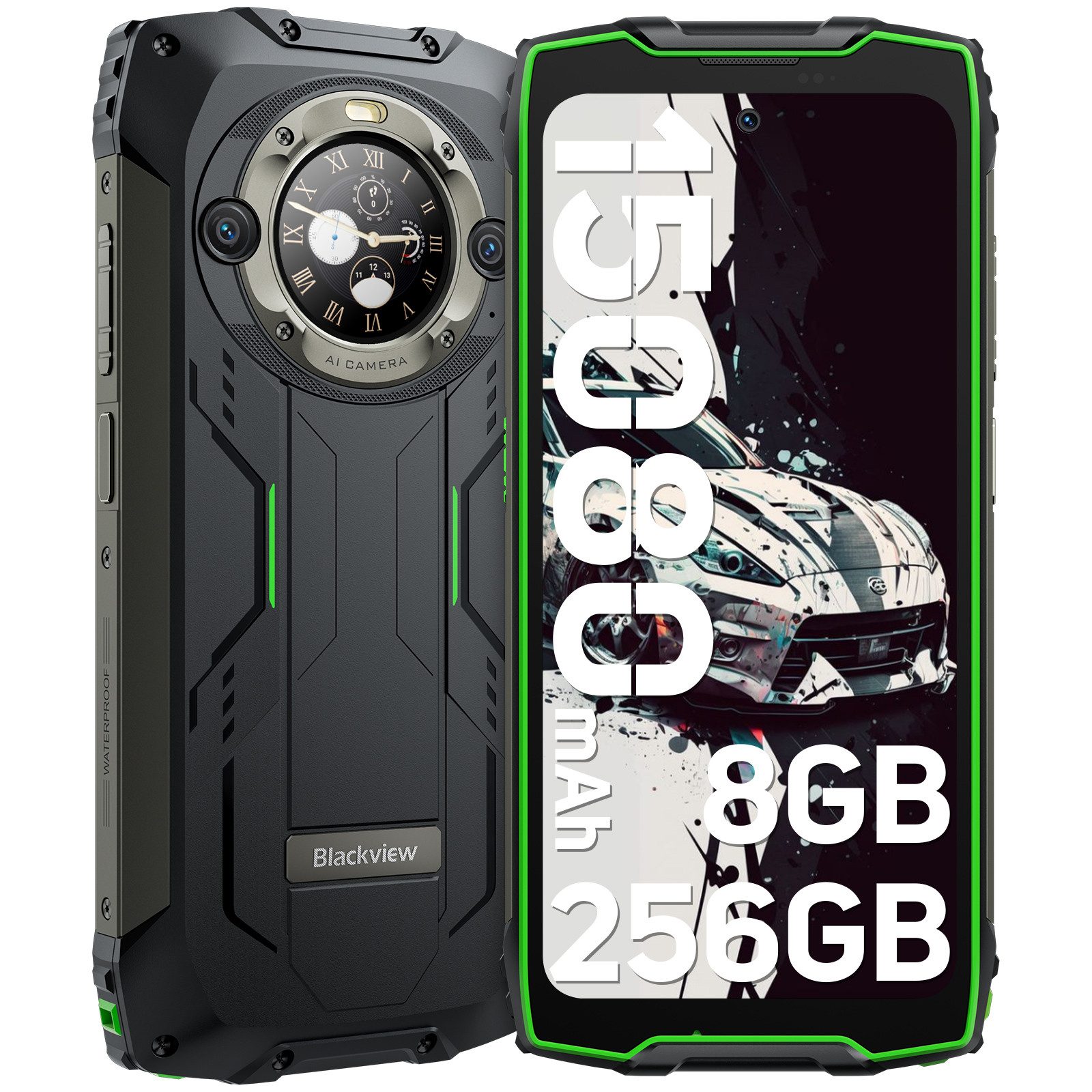 blackview BV9300Pro AI zwei Bildschirmen Ohne Vertrag Smartphone (6.7 Zoll, 8 GB Speicherplatz, 64 MP Kamera, Zwei-Display, 2.4K, 120Hz, 15080mAh/ 33W, NFC/IP69K/FM/OTG)