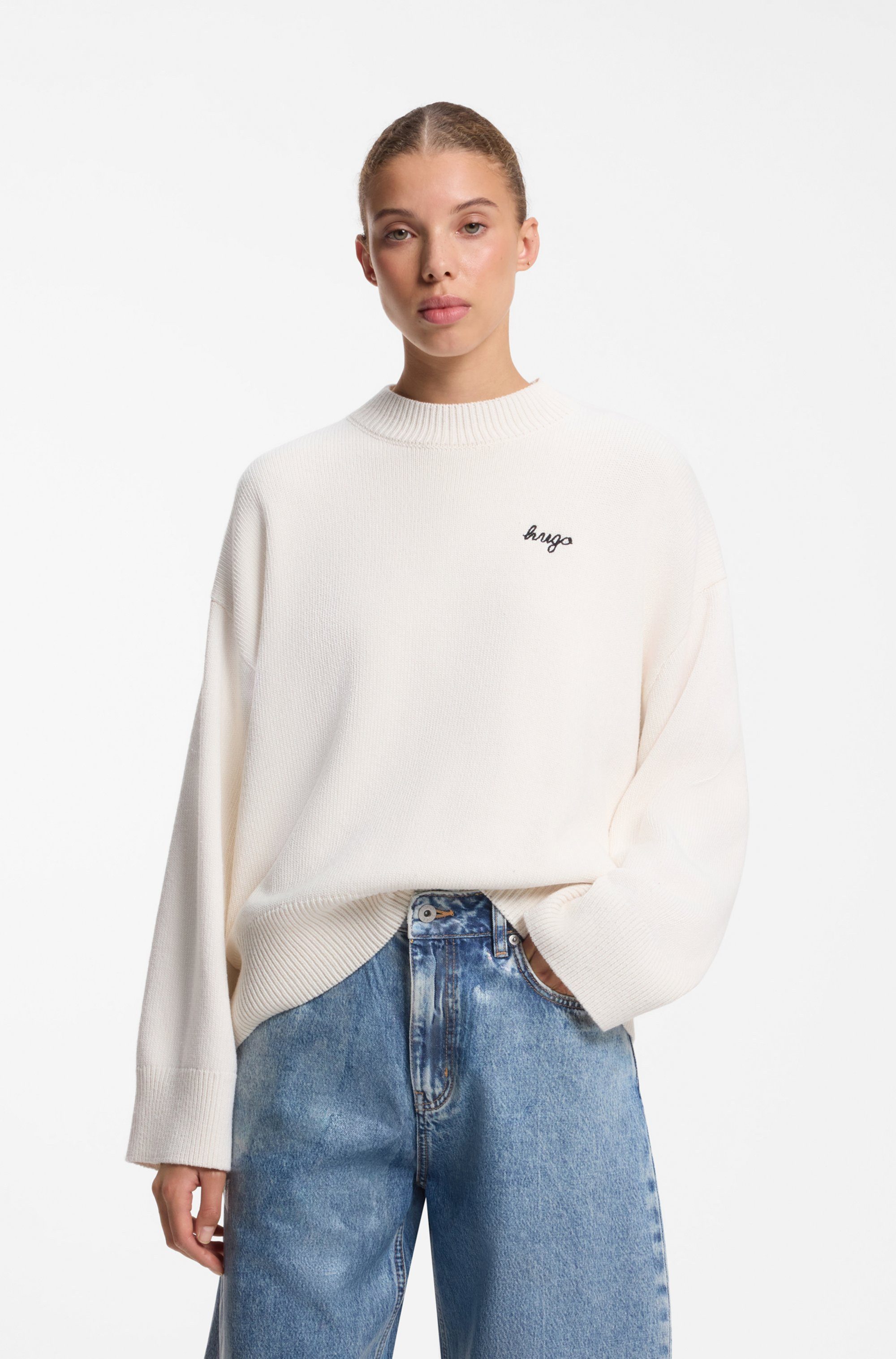 HUGO Strickpullover Shenny mit Stehkragen, Oversize Fit, Stickerei