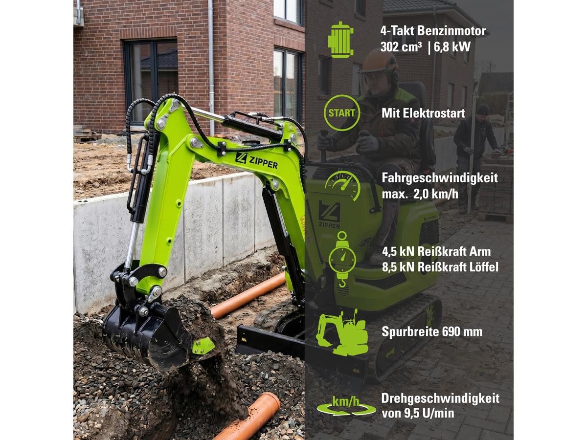 ZIPPER Minibagger ZI-MBG600H, 8,5 kN Reißkraft, 2,0 km/h, Gummikette, Elektrostarter, inkl. Schaufel