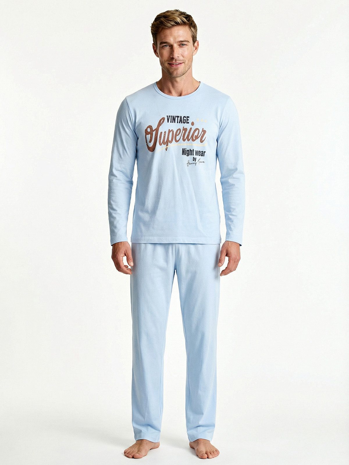 Henry Terre Pyjama Paul Langarm - schlicht unifarben Vintage Aufdruck sportlicher Look