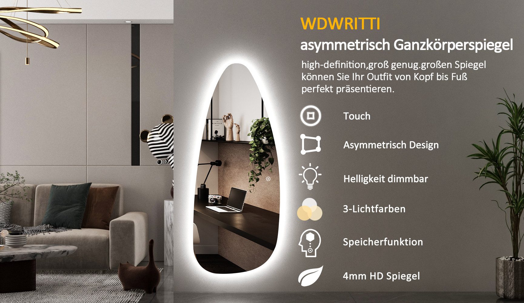 WDWRITTI Spiegel groß für Hotel Friseurladen Hairsalon Beauty Studio Wohnzimmer (Dekospiegel Friseurspiegel Ganzkörperspiegel mit / ohne LED Beleuchtung, 1-St., 180x80, 165x65, 165x60, 145x60cm), Oval, Bogen, asymmetrisch, Frauenfigur, Wassertropfen, Rechteckig