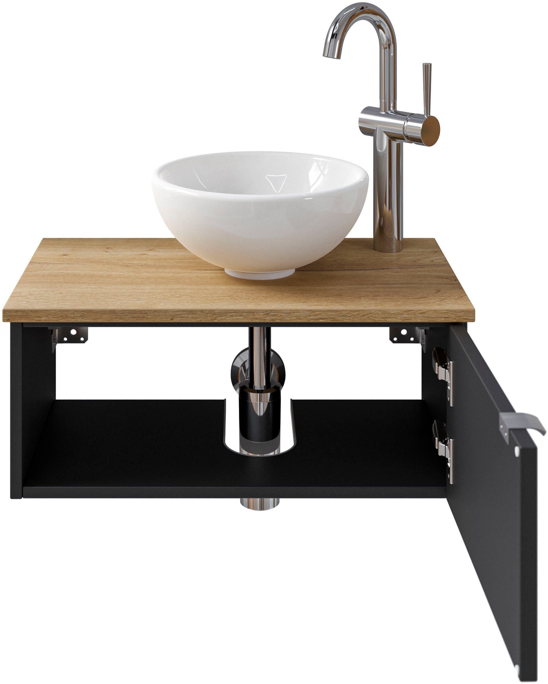 Saphir Waschtisch Serie 6915 Waschschale mit Unterschrank für Gästebad, Gäste WC (3-St., Keramik-Aufsatzbecken, Waschtischplatte, Waschtischunterschrank), 61 cm breit, 1 Tür, offenes Fach, kleine Bäder, ohne Armatur