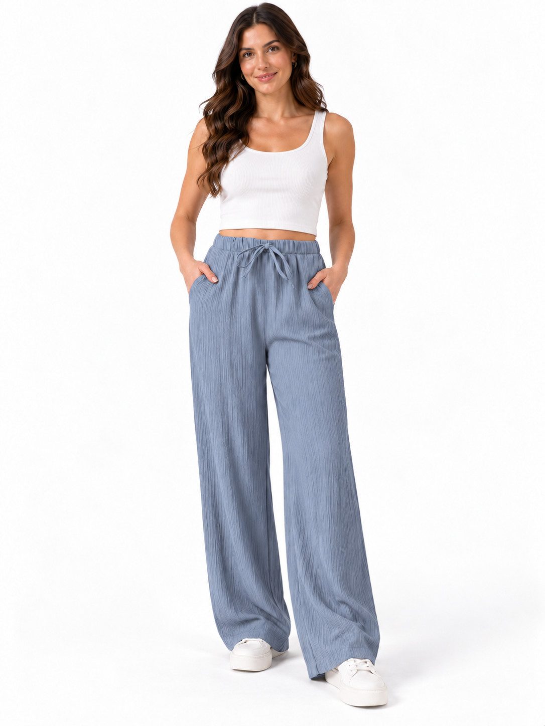 fashionshowcase Palazzohose Damen Sommerhose Crinkle Marlene-Hose mit weitem Bein Weiches & luftiges Material, leicht fallend, mit Crinkle-Struktur