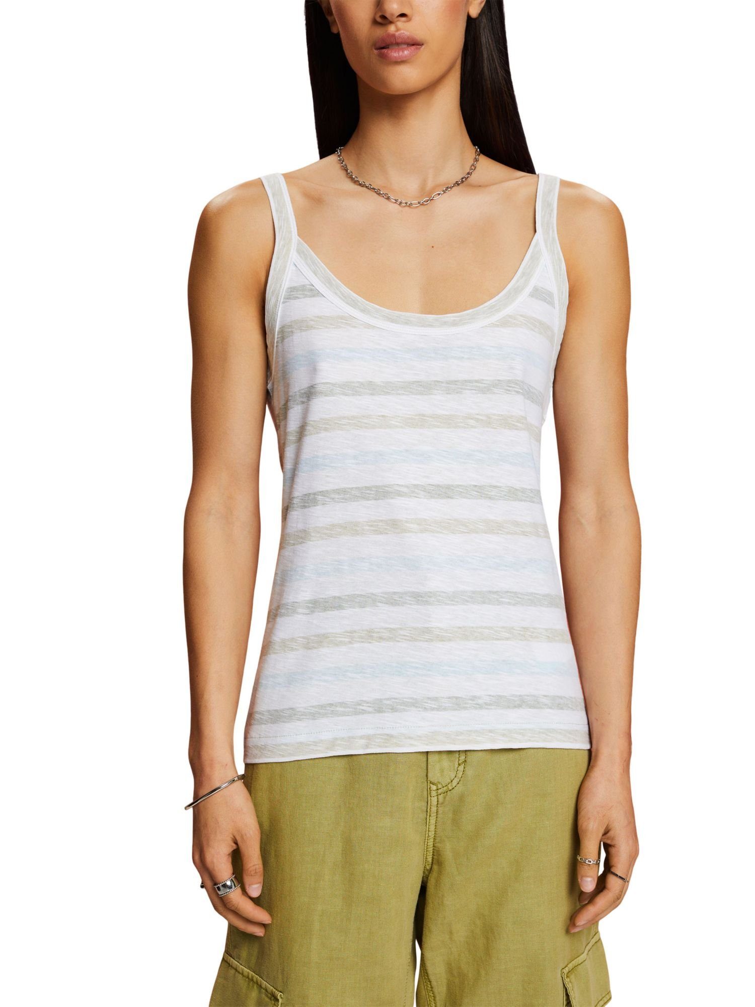 Gestreiftes Esprit T-Shirt Baumwolle LIGHT (1-tlg) % 100 Tanktop, KHAKI