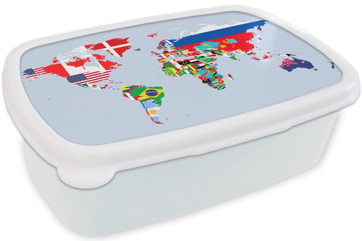 und MuchoWow Flagge Länder, Kunststoff, Mädchen Brotbox für Kinder Erwachsene, für - Karte (2-tlg), Brotdose, weiß und Jungs - - Welt Lunchbox
