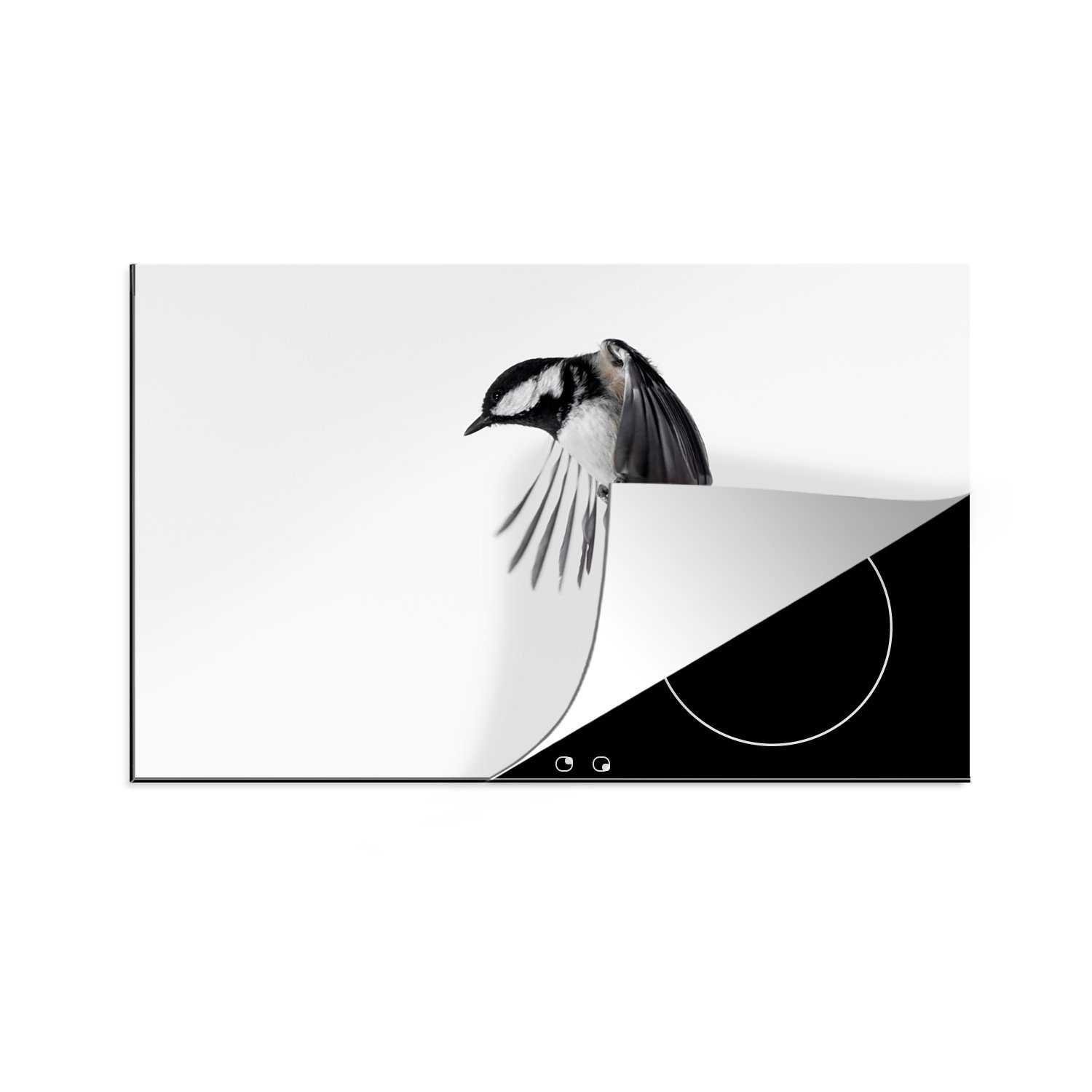 MuchoWow Herdblende-/Abdeckplatte Vogel - Federn - Schwarz - Weiß, Vinyl, (1 tlg), 81x52 cm, Induktionskochfeld Schutz für die küche, Ceranfeldabdeckung