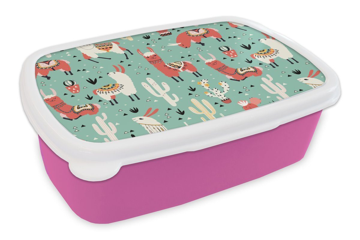 Erwachsene, rosa Lama Brotbox Lunchbox - Kunststoff Muster Kaktus, - für Kunststoff, Brotdose MuchoWow Snackbox, Mädchen, Kinder, (2-tlg),