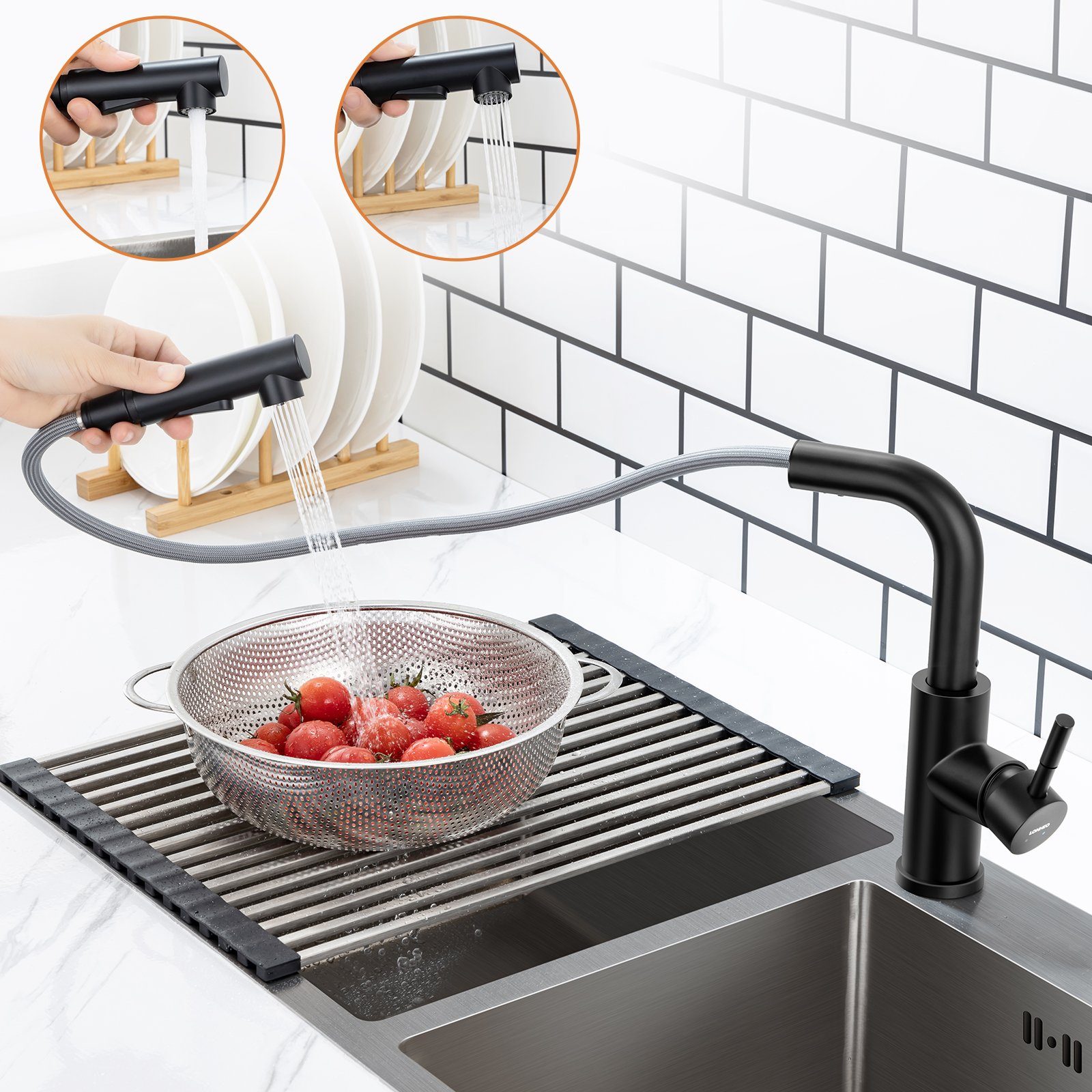 Lonheo Küchenarmatur mit Ausziehbar Brause 360° Wasserhahn Spültischarmatur Edelstahl mit 2 Strahlarten Mischbatterie Schwarz