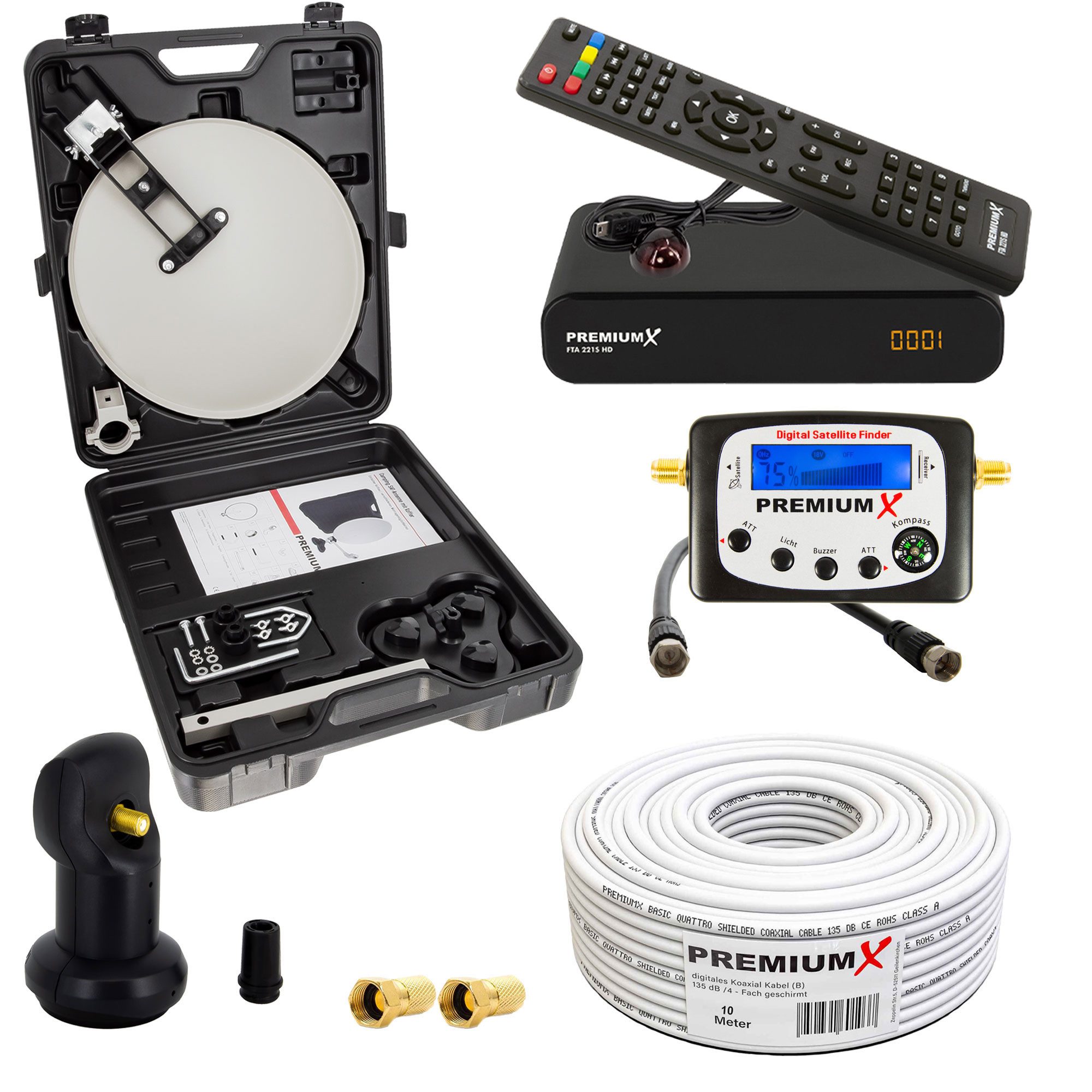 Camping SAT TV Anlage HD Receiver Satelliten-Finder LNB Kabel Koffer SAT-Antenne