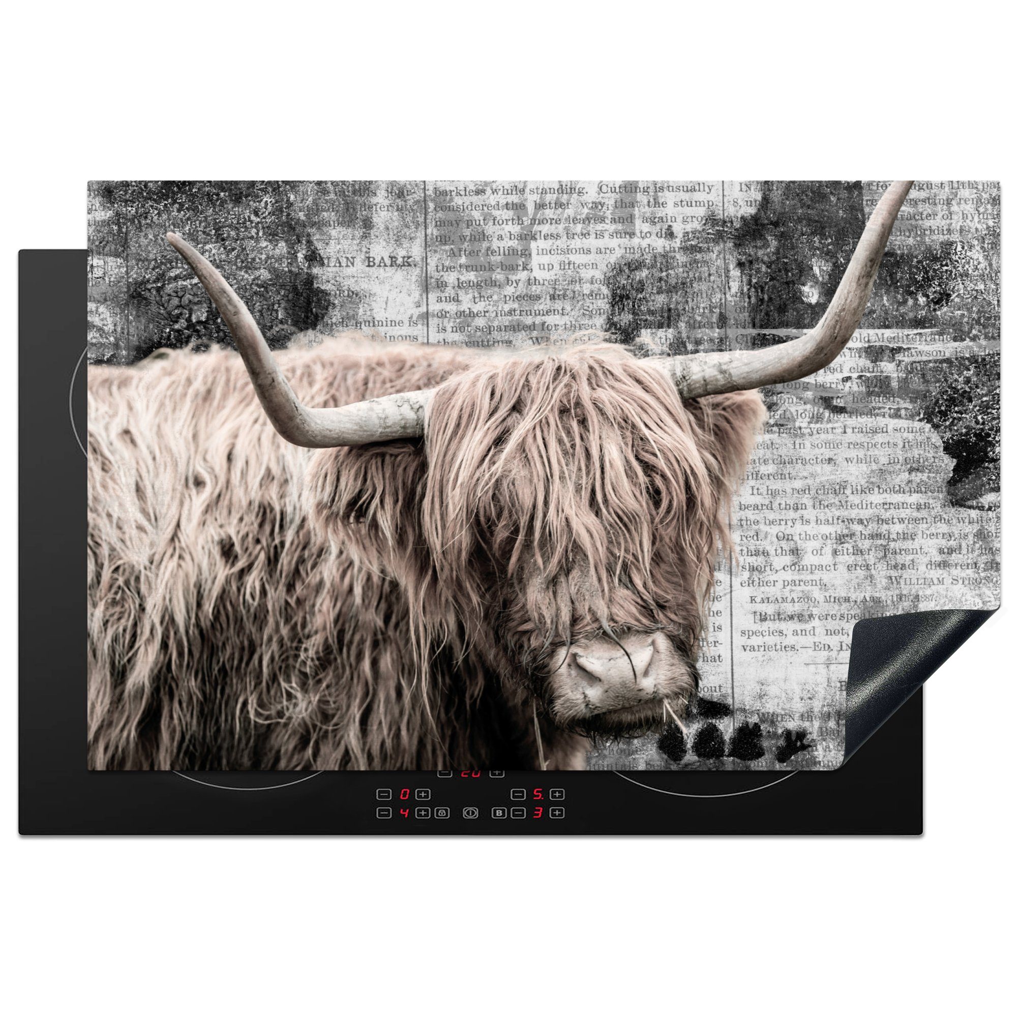 MuchoWow Herdblende-/Abdeckplatte Schottischer Highlander - Kuh - Retro, Vinyl, (1 tlg), 81x52 cm, Induktionskochfeld Schutz für die küche, Ceranfeldabdeckung