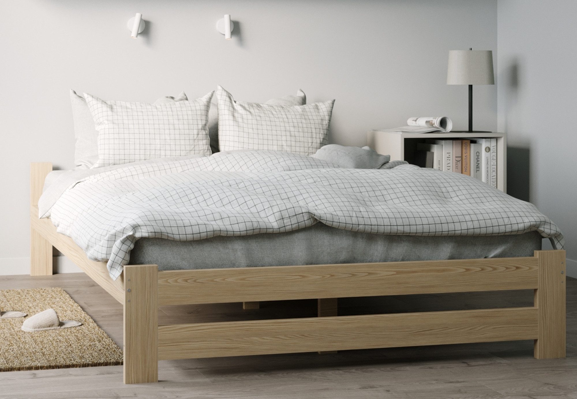 Home Collective Holzbett mit Lattenrost Modern Bett Kiefer Bettgestell Massivholzbett Klassisch (90x200, 120x200, 140x200, 160x200 cm), Doppelbett, Skandi Boho Landhaus Kopfteil flach 160x200 cm natur