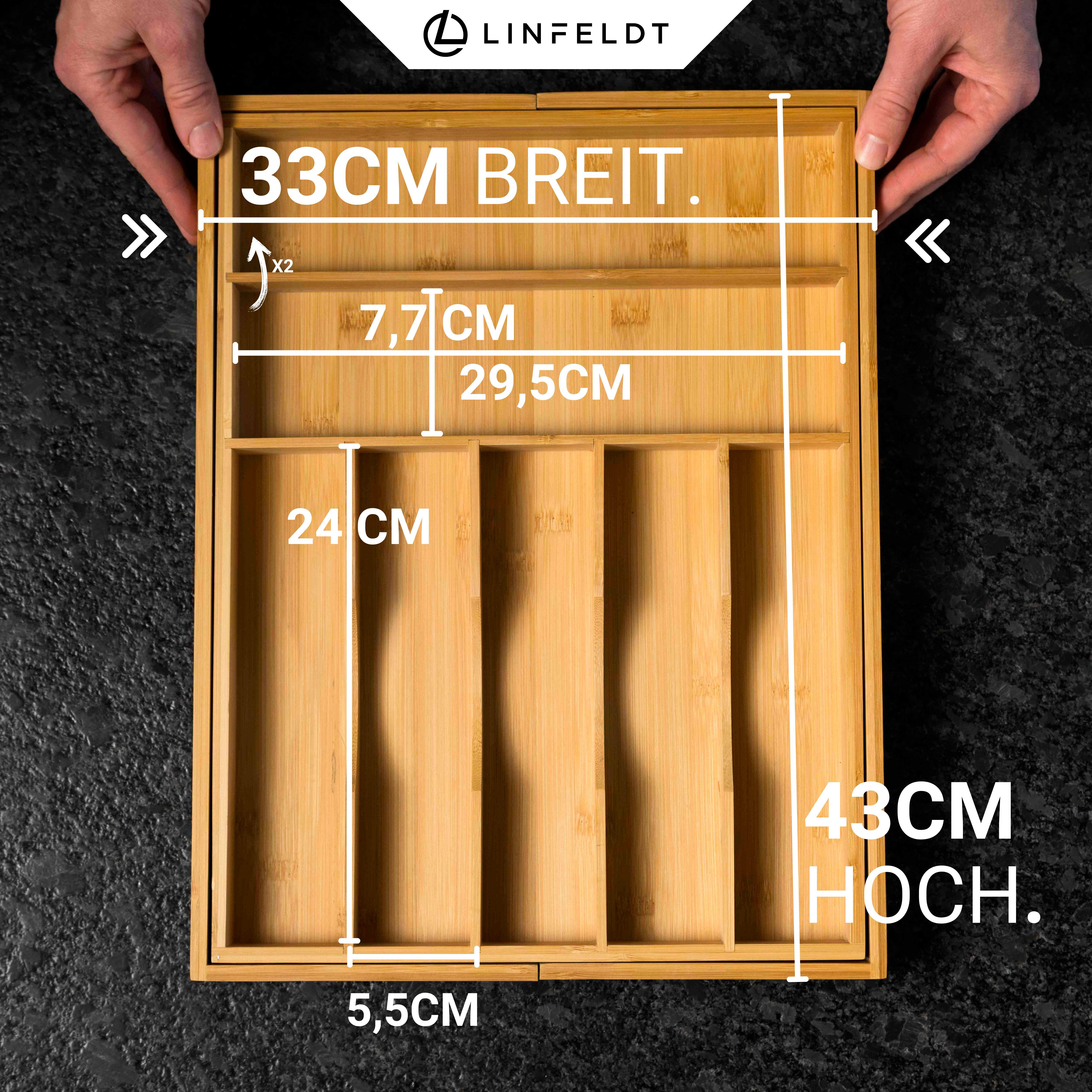 LINFELDT Besteckkasten verstellbar 33-50cm Breite aus Bambus - 5cm Hoch Inkl. Anit-Rutsch, 33-50cm Breite verstellbar