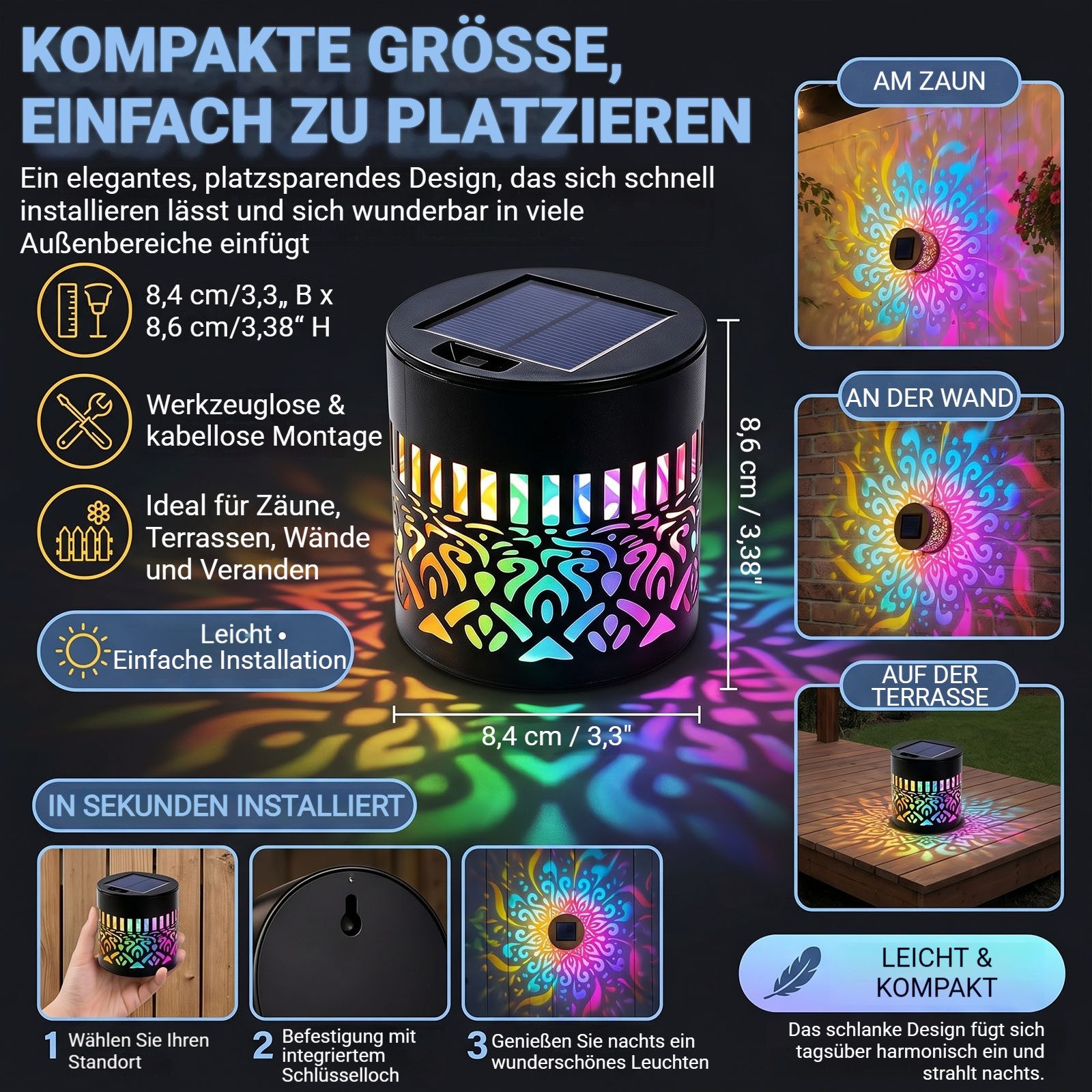 QUBEBU LED Solarleuchte 1/2/4 Stück Solarlaterne Mandala Wandleuchte, Solarlampen für Außen, LED fest integriert, 7 Farben RGB Wandlamp, Decorative Solar Mandala Lights Gartendeko, LED Gartenleuchte, Solarlaterne für Hof Rasen Wege Terrasse Yard Dekor
