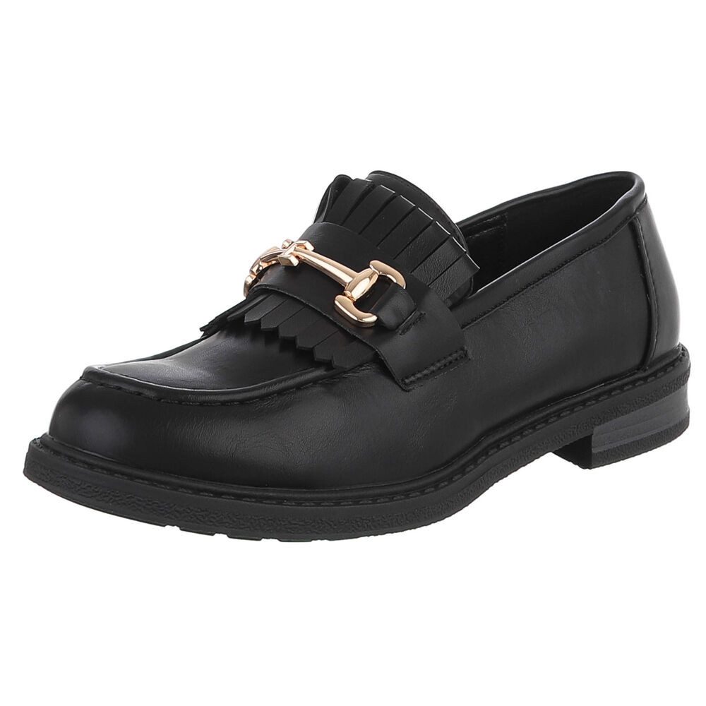 Ital-Design Damen Loafer mit Fransen und Schnalle Slipper (91742734) Blockabsatz Mokassins in Schwarz