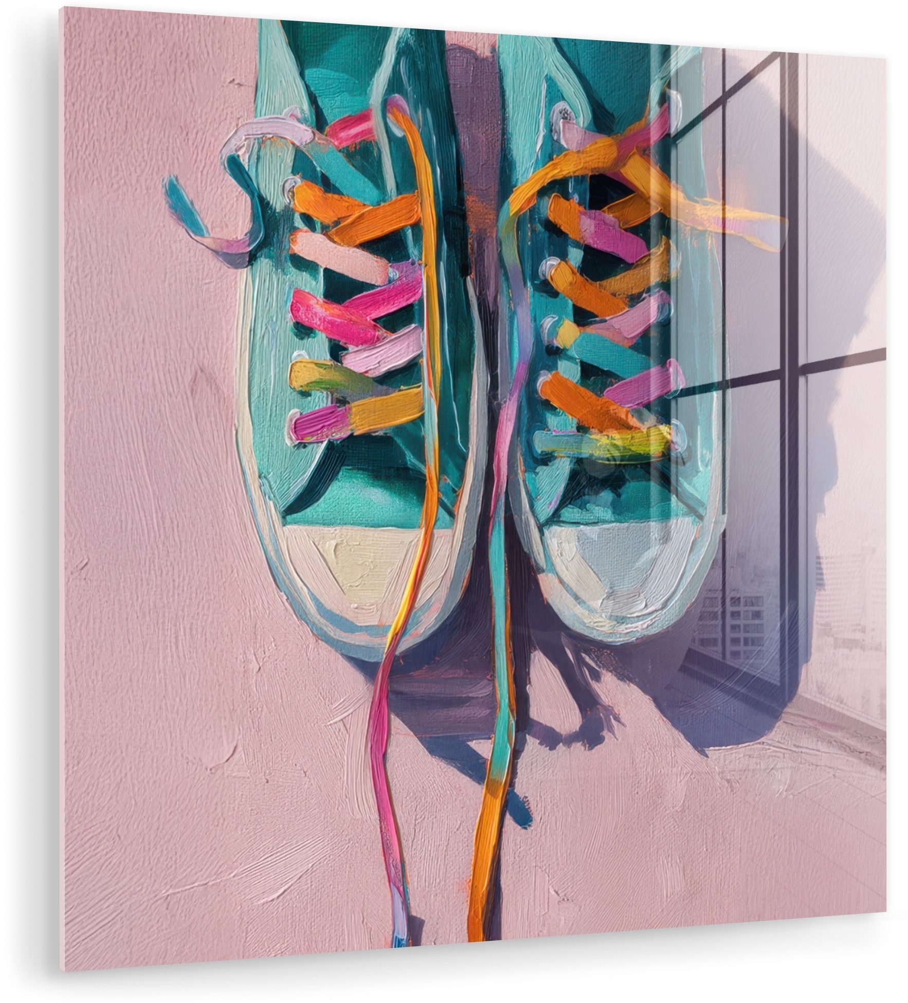 MuchoWow Acrylglasbild Turnschuhe - Schnürsenkel - Bunt - Farbton, Inkl. Aufhängung, Bilder auf Glas Wandbild, Wanddeko Wohnzimmer Badezimmer, 20x20 cm
