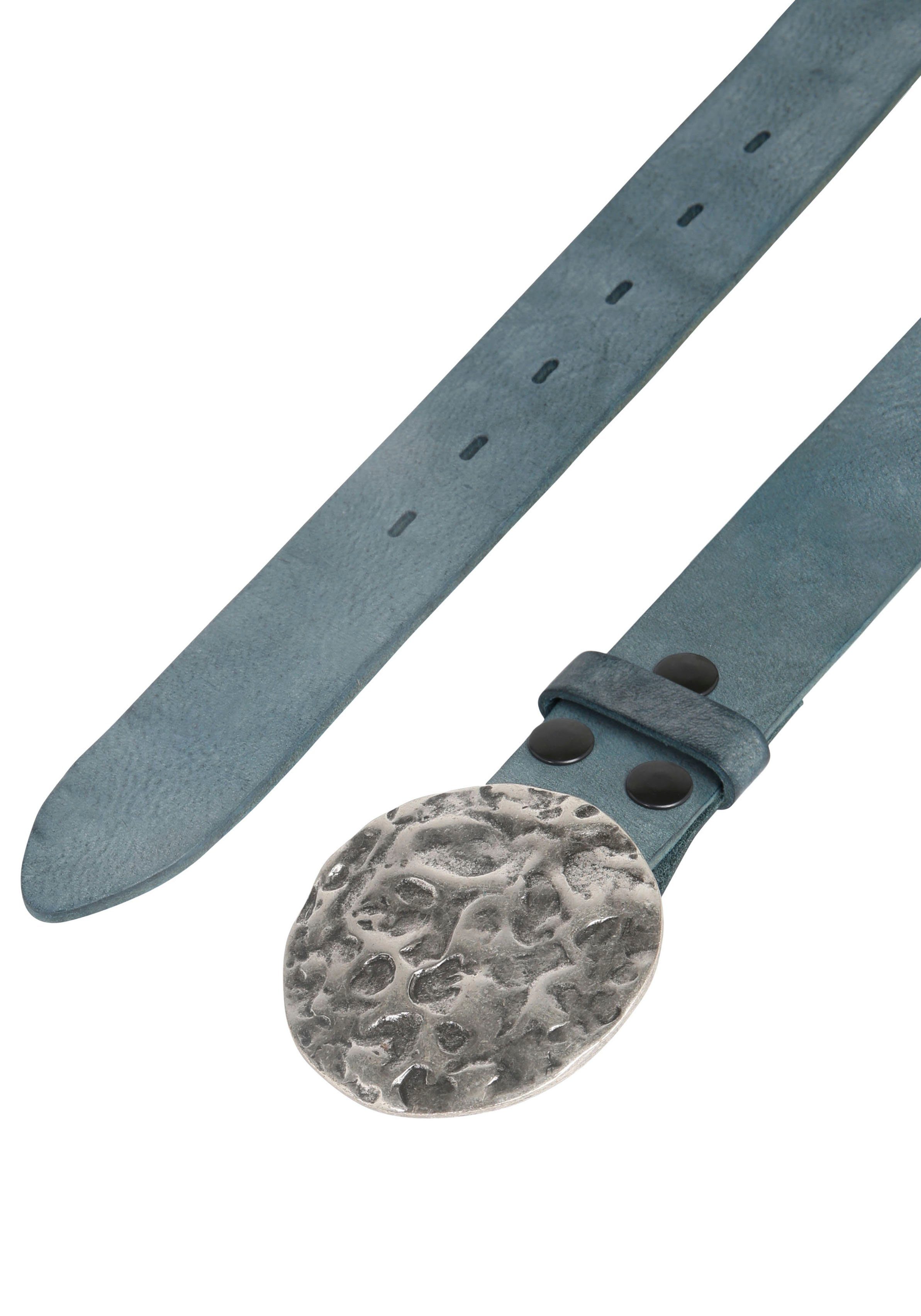 »Gump Jeansblau«, mit austauschbarer Schließe »Vollmond showroom Silber« Ledergürtel by 019° RETTUNGSRING
