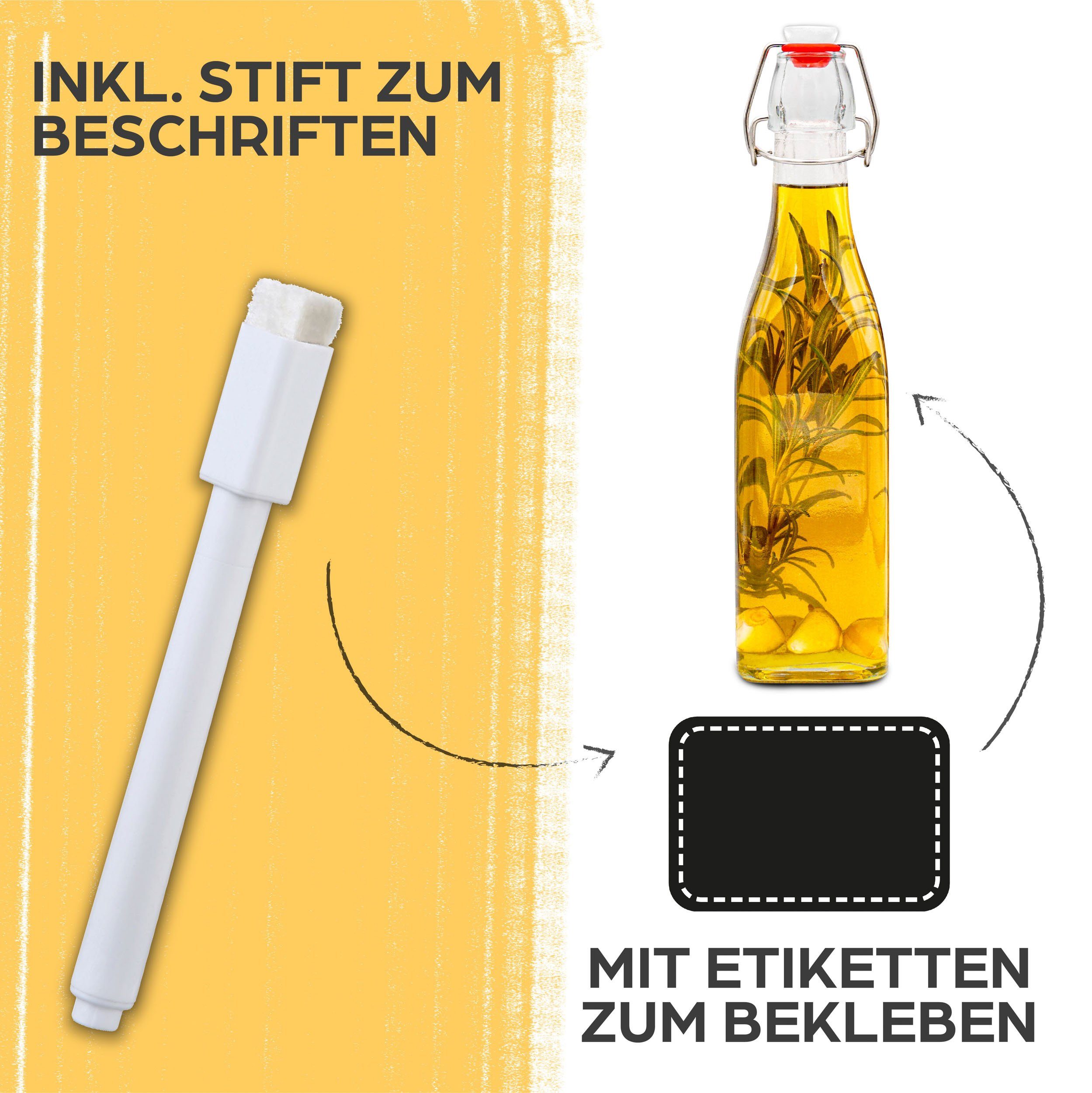 Extra mit Trinkflasche Dichtungen und Eckig - 6 Bügelverschluss Praknu Stift Eckig Glasflaschen 6 6 Etiketten 500ml,