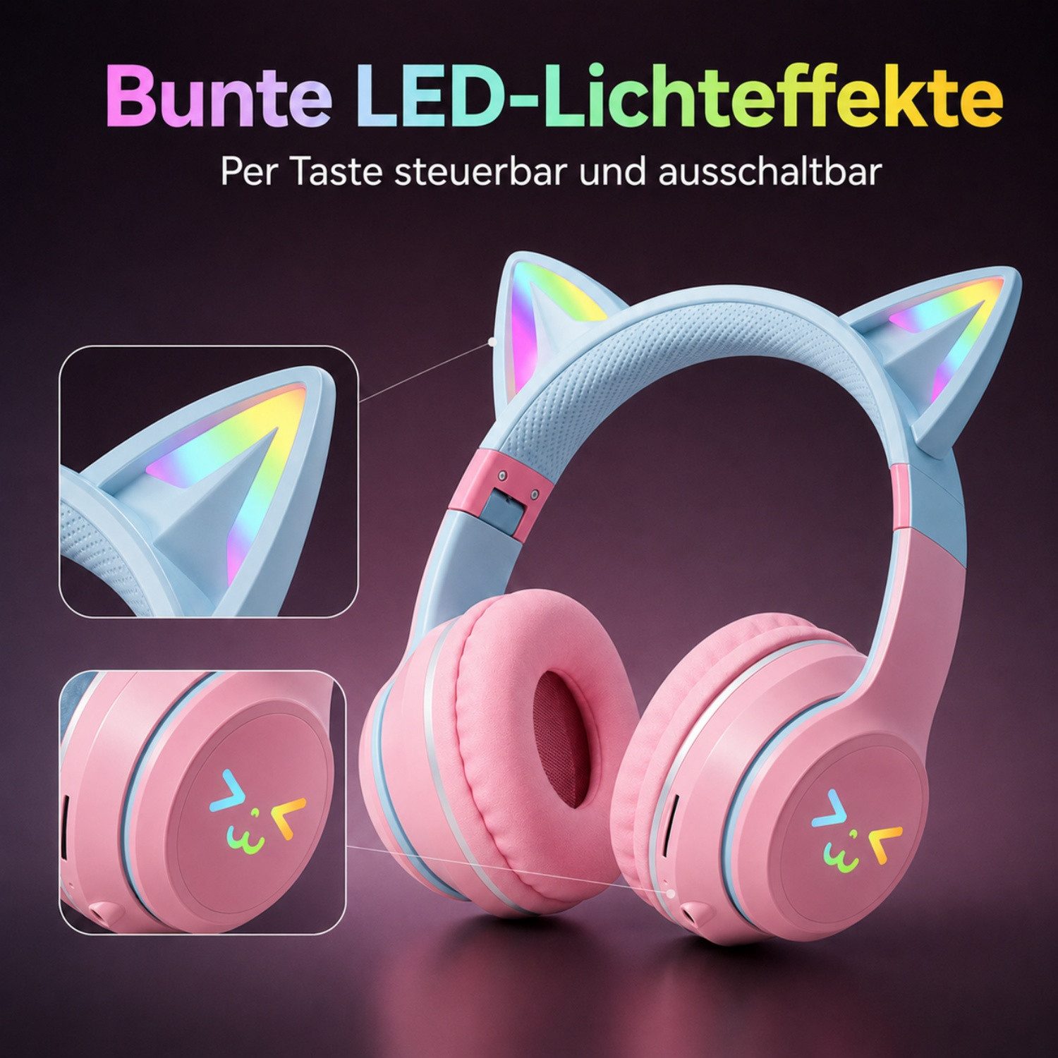 ANYSUN Bluetooth Kopfhörer,RGB-LED-Leuchten,Bluetooth 5.1,HiFi Sound, Over-Ear-Kopfhörer (Bluetooth, 60dB Rauschunterdrückung,Einstellbar,Kopfhörer Bluetooth für Reise)