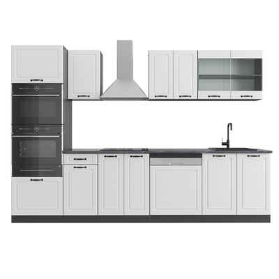 Livinity® Küchenzeile R-Line, Weiß Landhaus/Anthrazit, 300 cm mit Hochschrank, AP Marmor