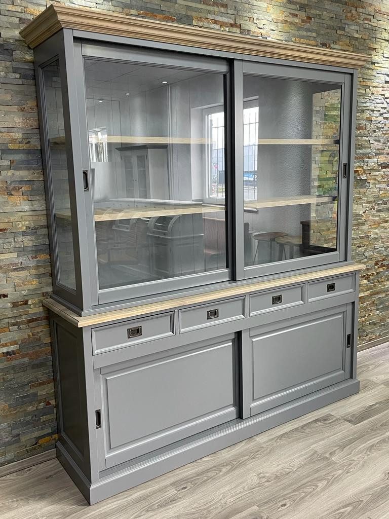 Wohnpalast Glasvitrine Vitrinenschrank Neuss grau/eiche 200 cm Glasvitrine Wohnzimmer Vitrine