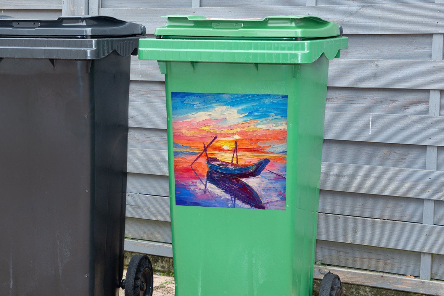 Wandsticker Wasser (1 Ölfarbe Sticker, Abfalbehälter Malerei MuchoWow Container, - Boot Mülleimer-aufkleber, Mülltonne, St), - -