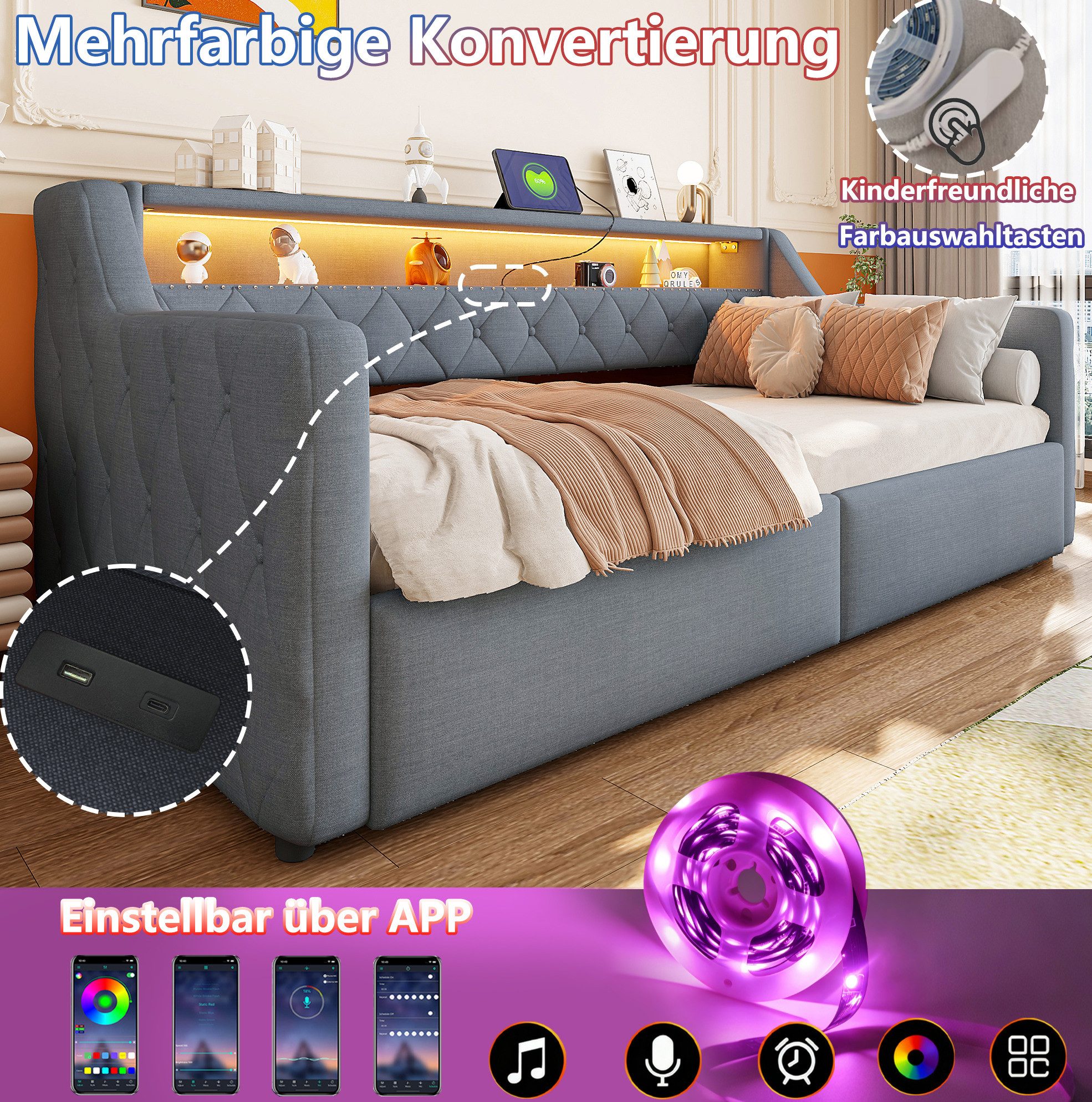 OKWISH Schlafsofa Polsterbett, mit LED-Lichtleiste, hydraulischem Stauraum, USB- und Typ-C-Anschlussen, 90x200 cm Funktionsbett aus Leinenstoff, Daybett Einzelbett, ohne Matratze