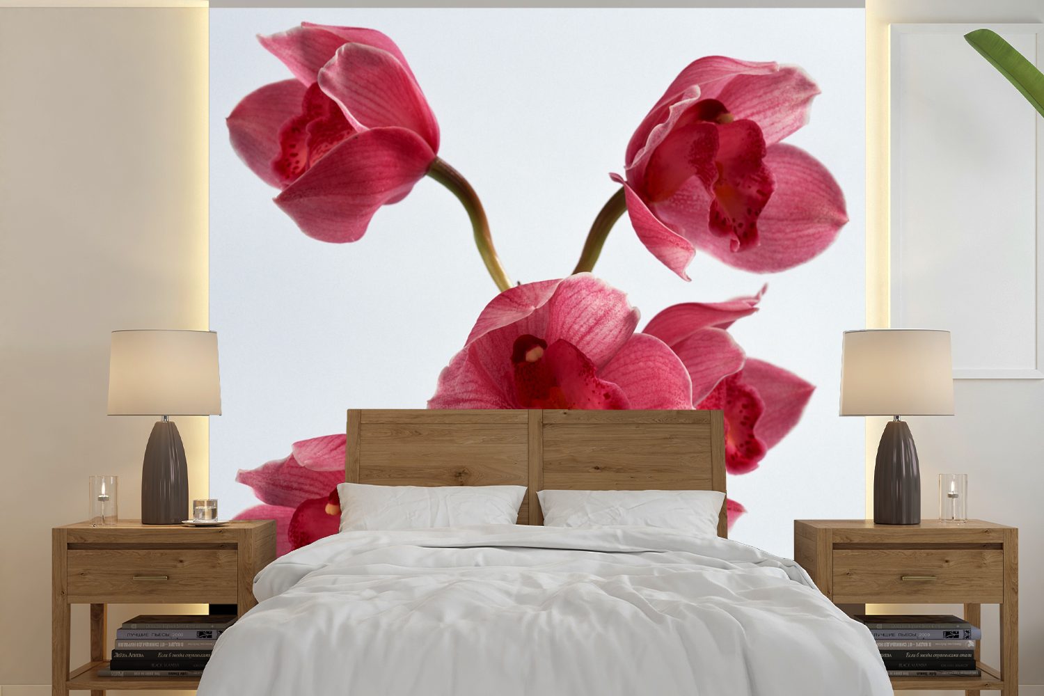 MuchoWow Fototapete Rote Orchideen für einen hellen Hintergrund, Matt, bedruckt, (5 St), Vinyl Tapete für Wohnzimmer oder Schlafzimmer, Wandtapete