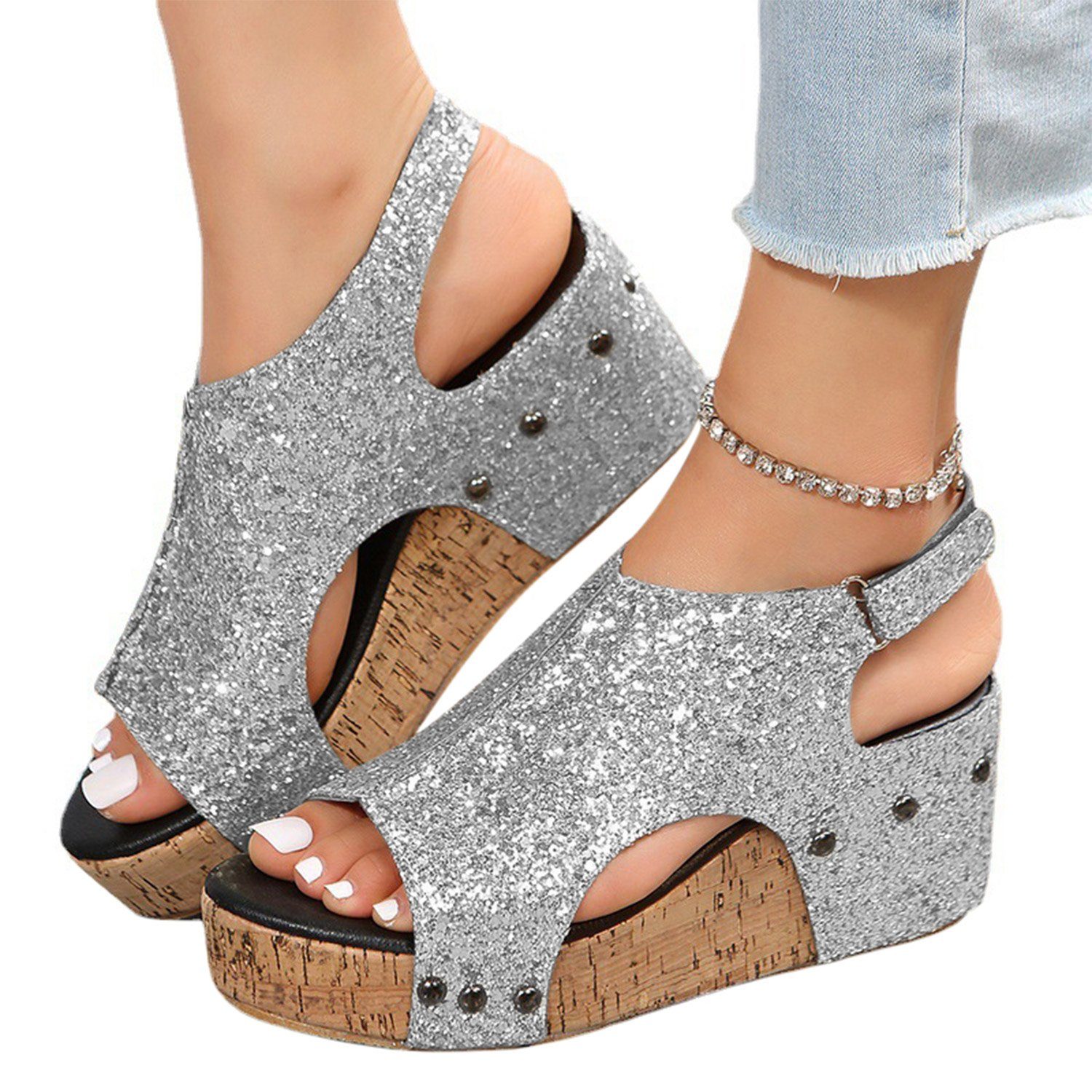 Silber Glänzende mit Sandalette Plateau Daisred Damen Keilsandalen