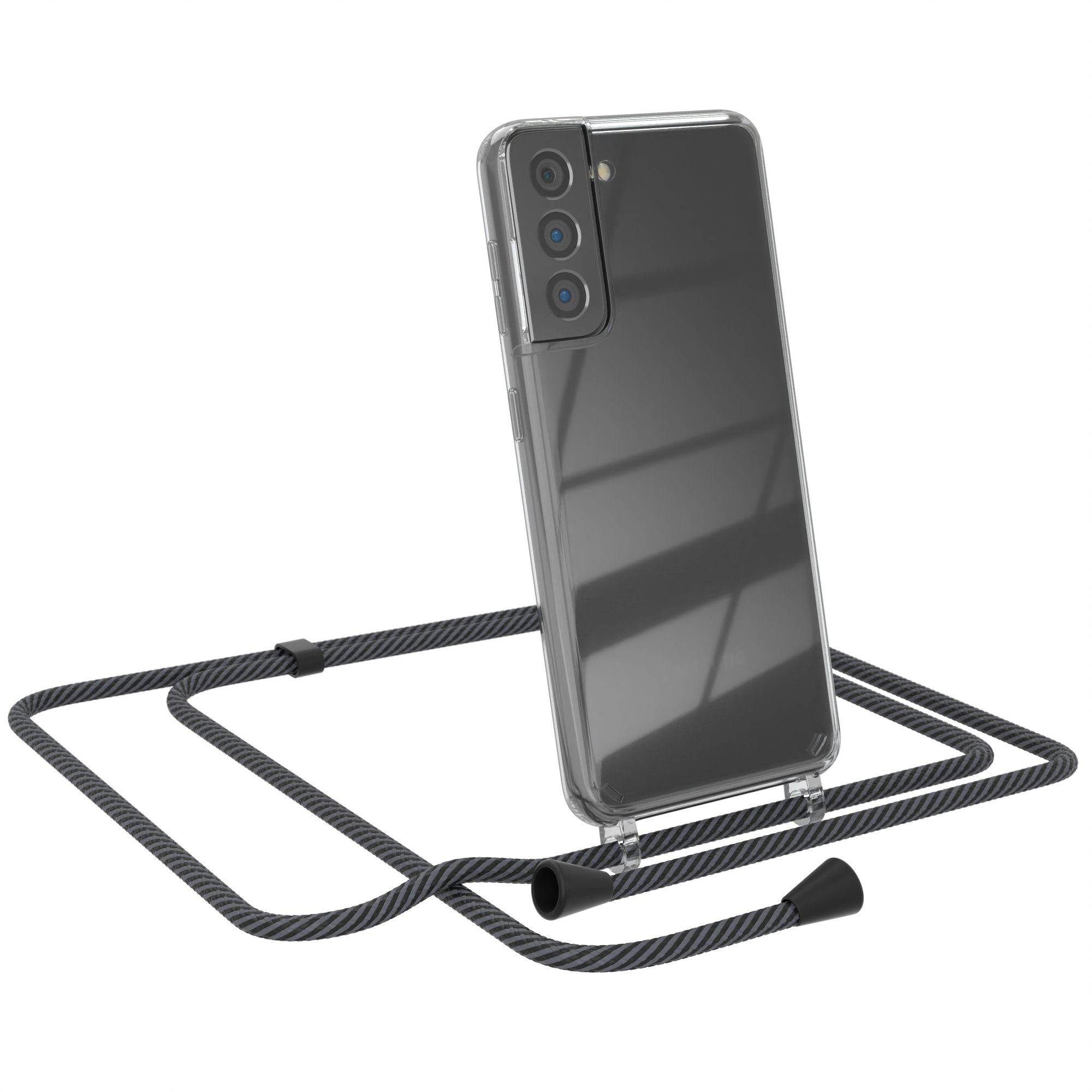EAZY CASE Handykette Kette Clips Schwarz für Samsung Galaxy S21 5G 6,2 Zoll, Handykette mit Schnur Cross Bag für Mann Frau Festivalbag Grau Schwarz