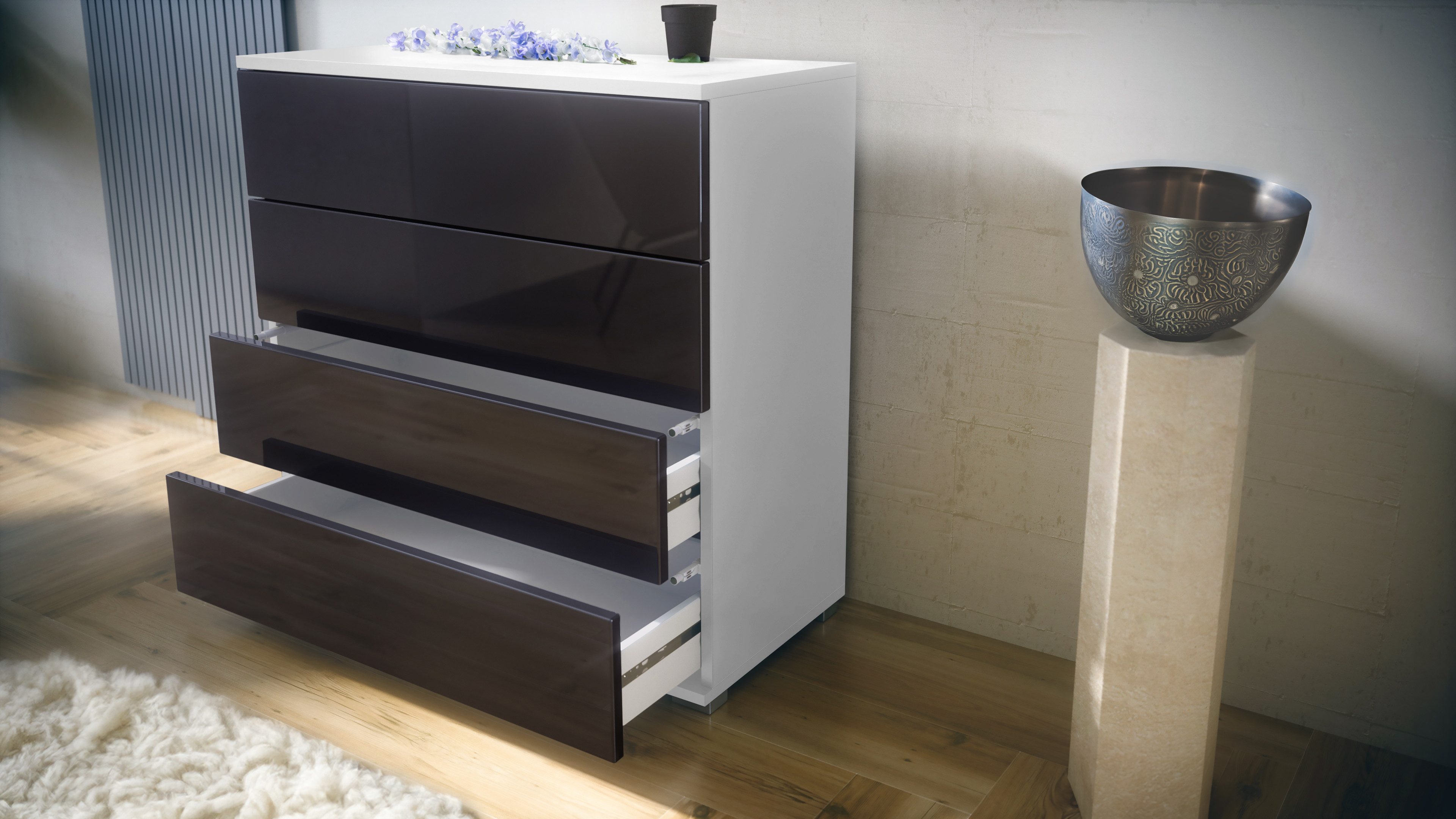 Vladon Kommode Pavos V3 (Sideboard, mit 4 Schubladen), Weiß matt/Weiß matt (76 x 76 x 35 cm)